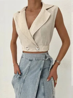 2025 Summer Women’s Solid Khaki Linen V-Neck Tank Top – Sleeveless Crop Vest for Women