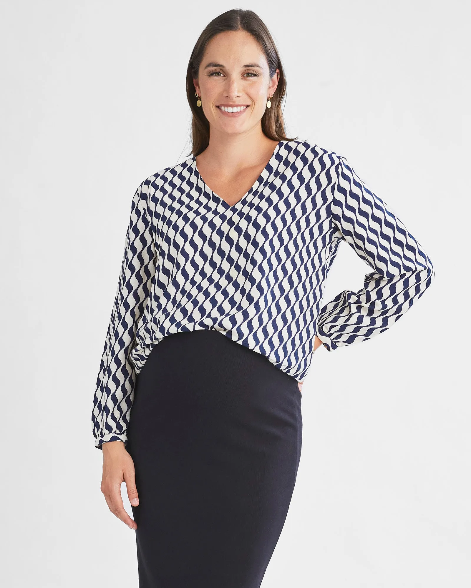 Ashley Geometric Wave-Print V-Neck Long-Sleeve Blouse