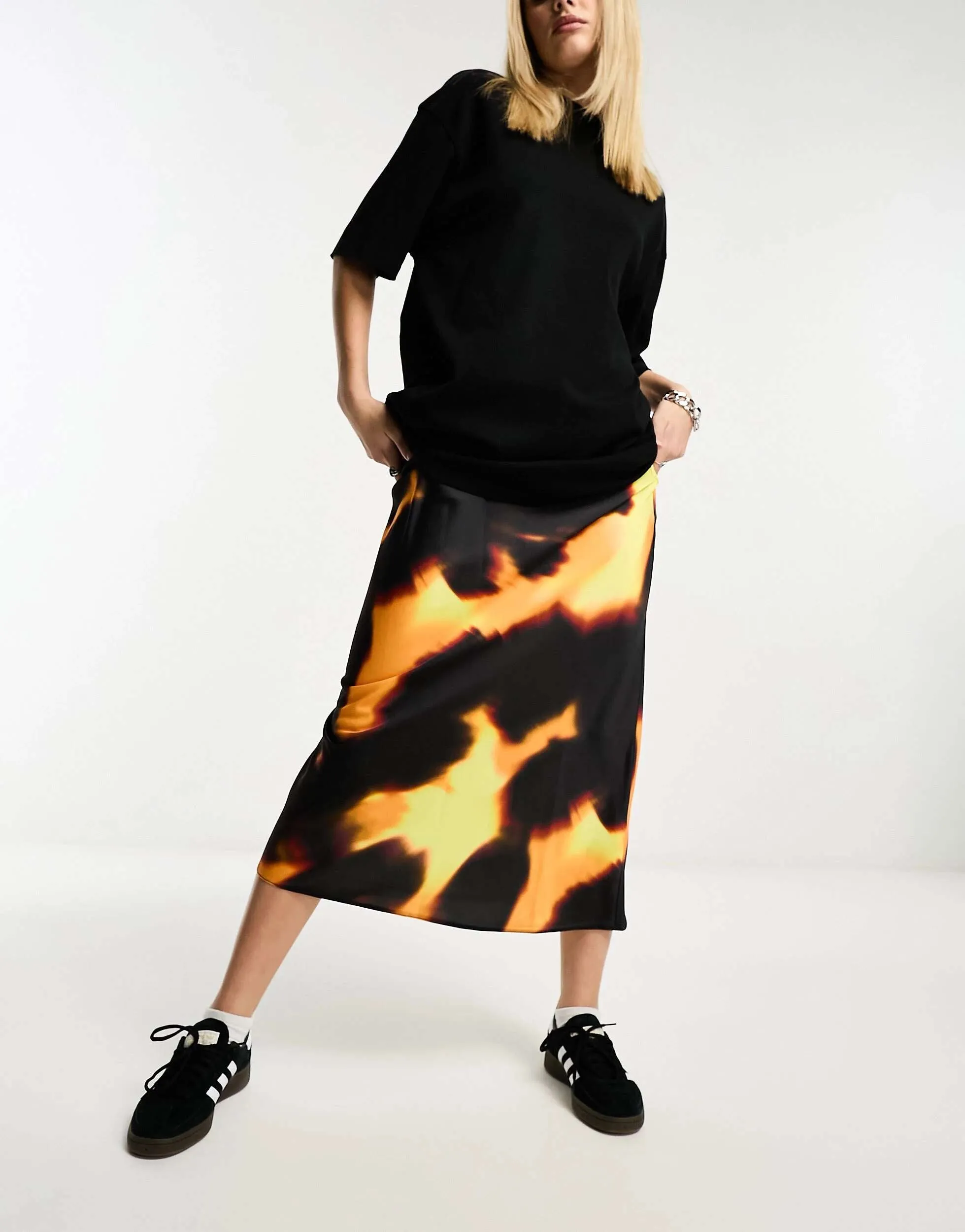 ASOS Abstract Print Satin Midi Skirt in Dark Yellow