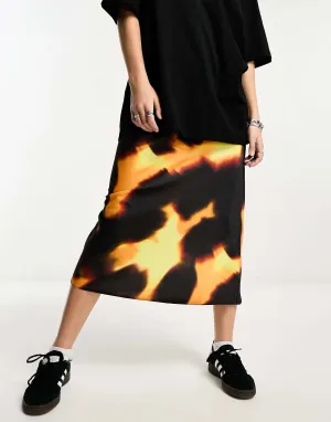 ASOS Abstract Print Satin Midi Skirt in Dark Yellow