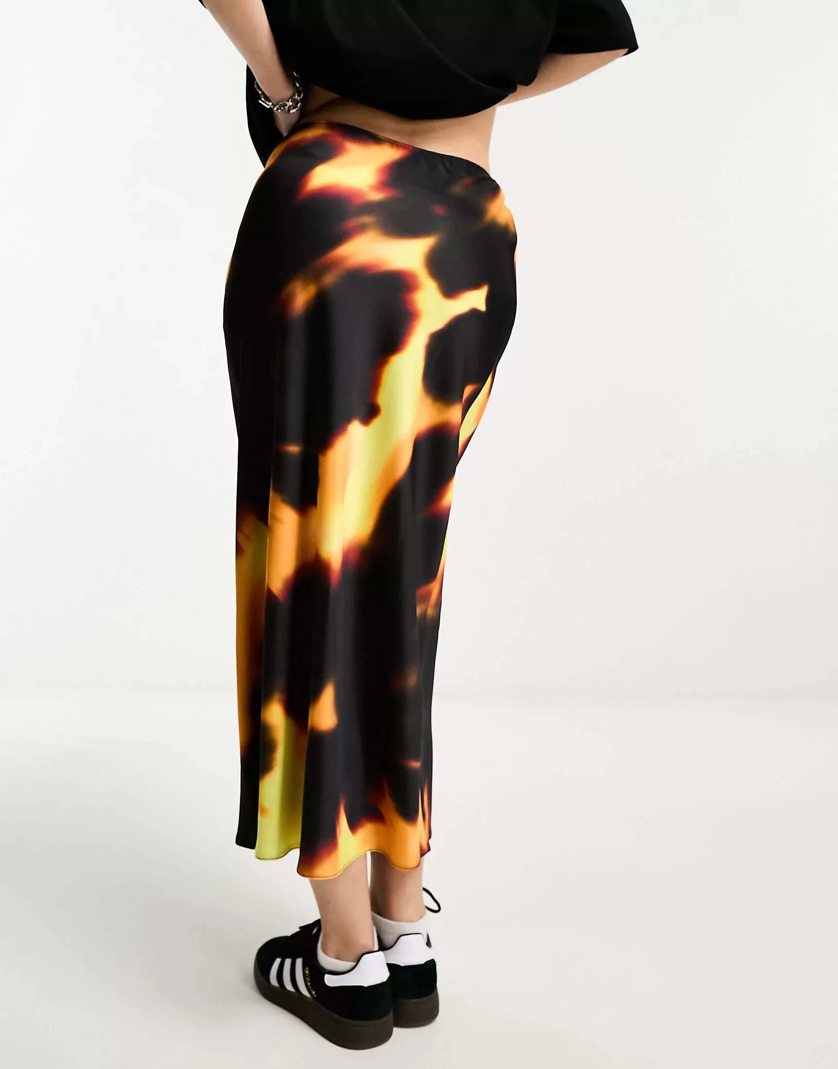 ASOS Abstract Print Satin Midi Skirt in Dark Yellow