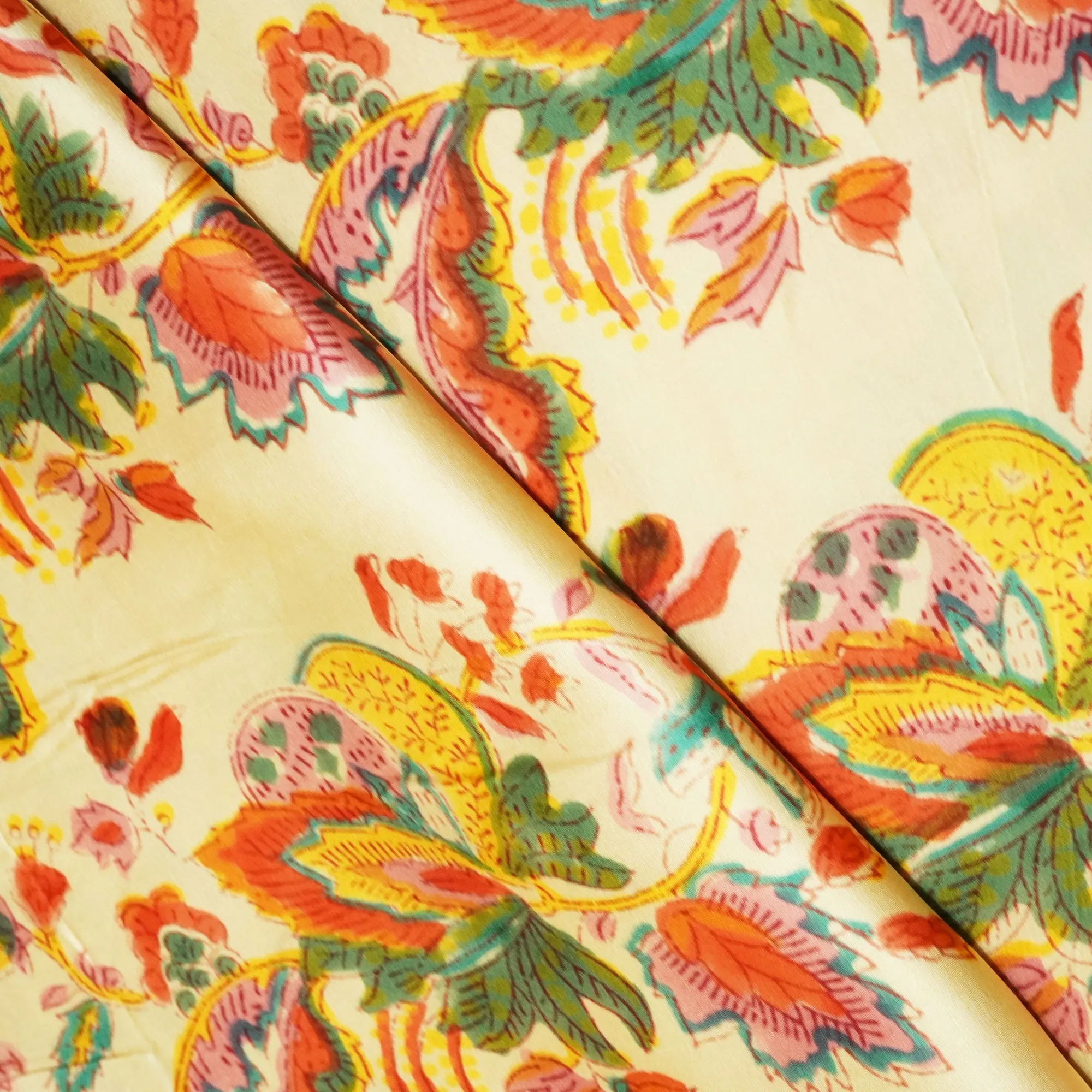 Beige Kalamkari Modal Satin Fabric CG-23607