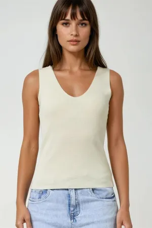 Beige Sleeveless Fine Knitted Top With V-Neck