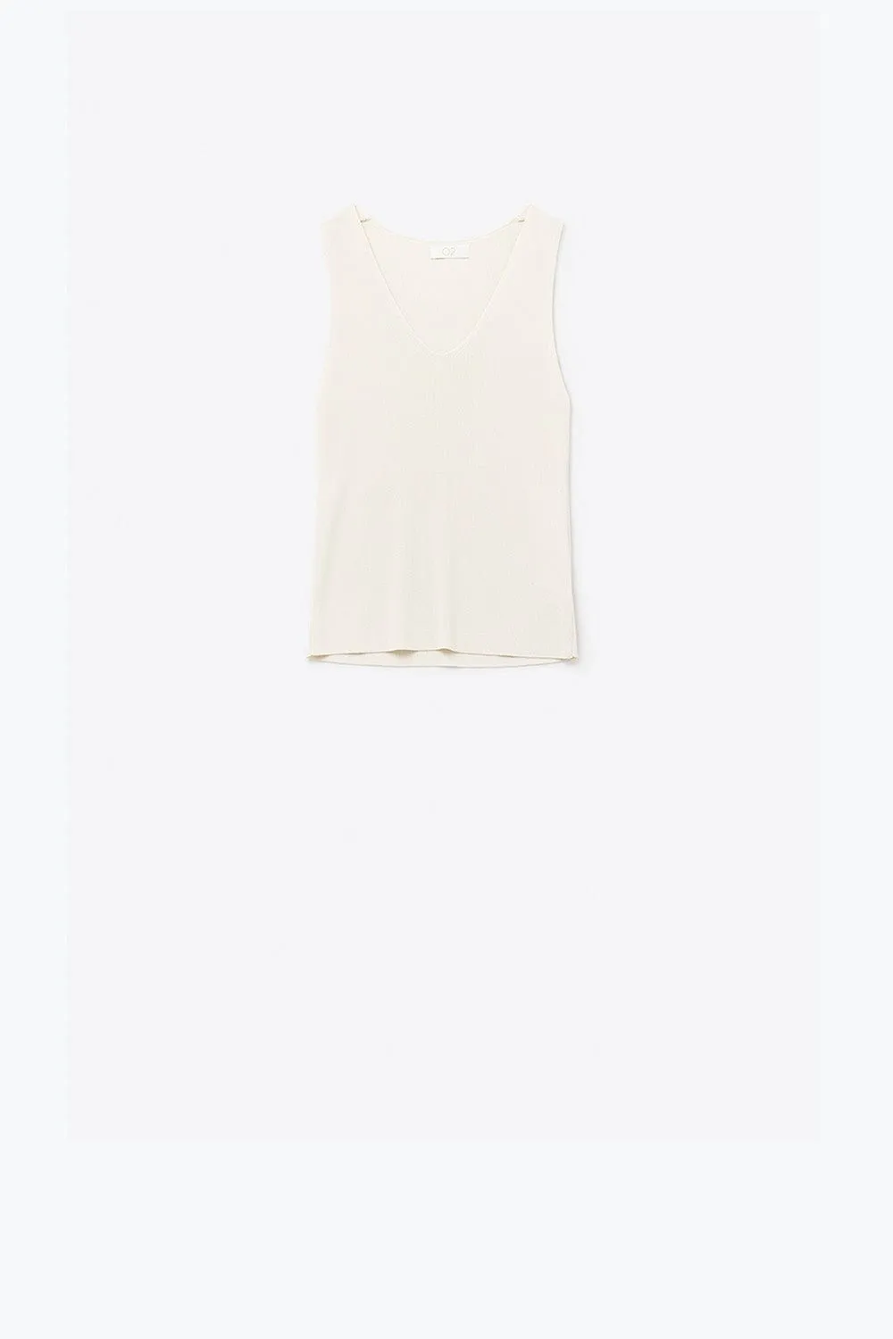 Beige Sleeveless Fine Knitted Top With V-Neck