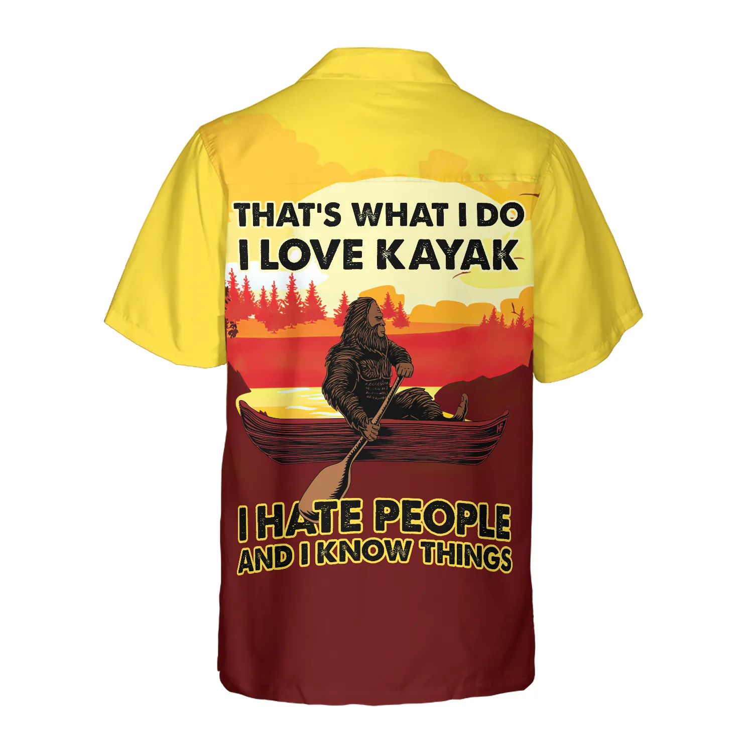 Bigfoot Darryl Love Kayak & Hate People Bigfoot Hawaiian Shirt, Dawn Palette Black And Yellow Kayaking Bigfoot Shirt For Men
