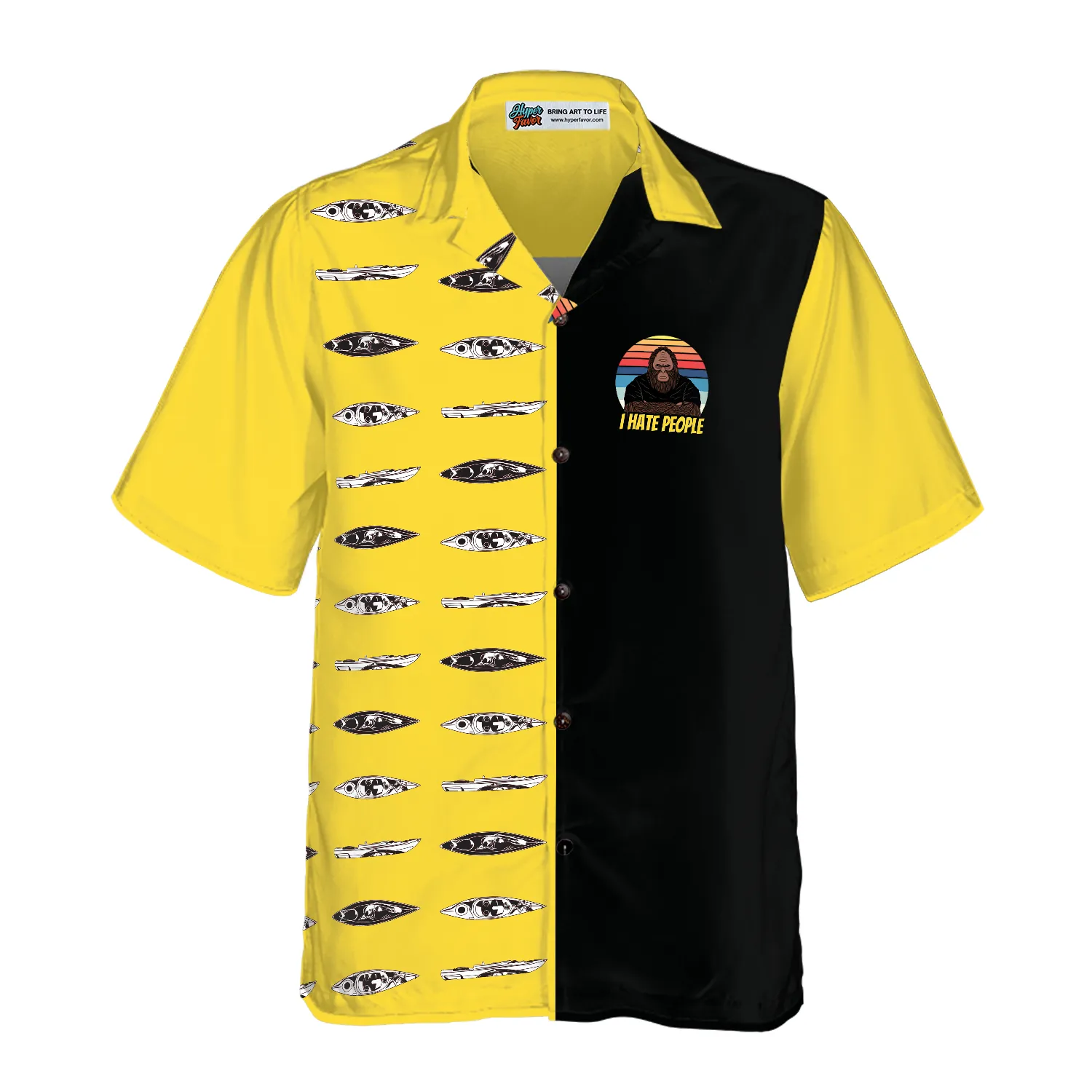 Bigfoot Darryl Love Kayak & Hate People Bigfoot Hawaiian Shirt, Dawn Palette Black And Yellow Kayaking Bigfoot Shirt For Men