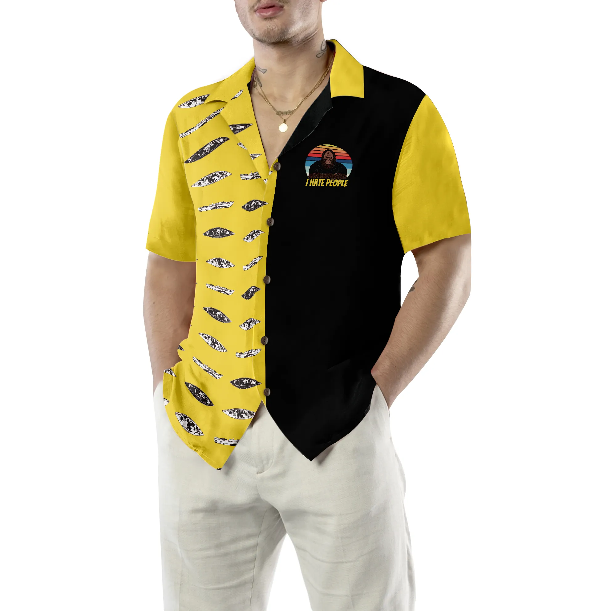 Bigfoot Darryl Love Kayak & Hate People Bigfoot Hawaiian Shirt, Dawn Palette Black And Yellow Kayaking Bigfoot Shirt For Men