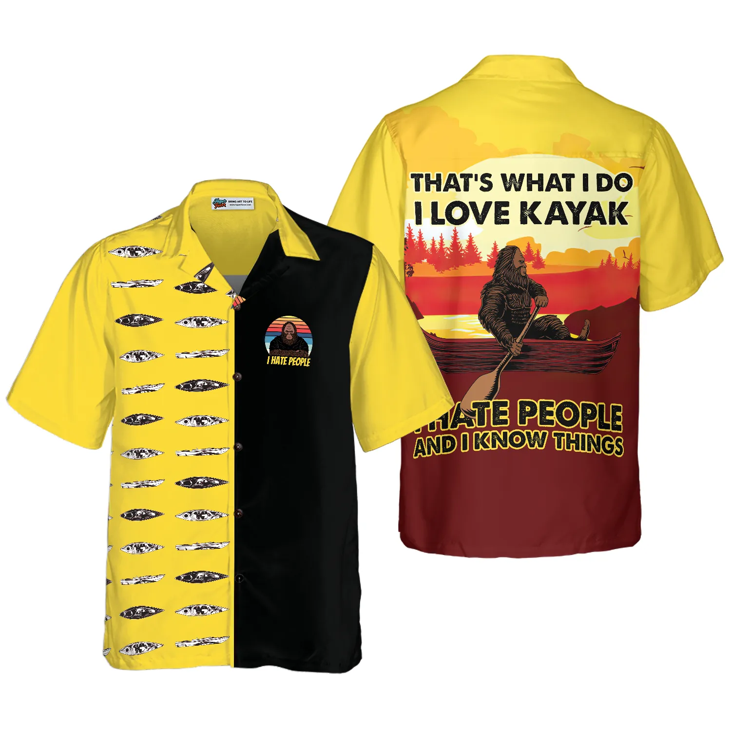 Bigfoot Darryl Love Kayak & Hate People Bigfoot Hawaiian Shirt, Dawn Palette Black And Yellow Kayaking Bigfoot Shirt For Men