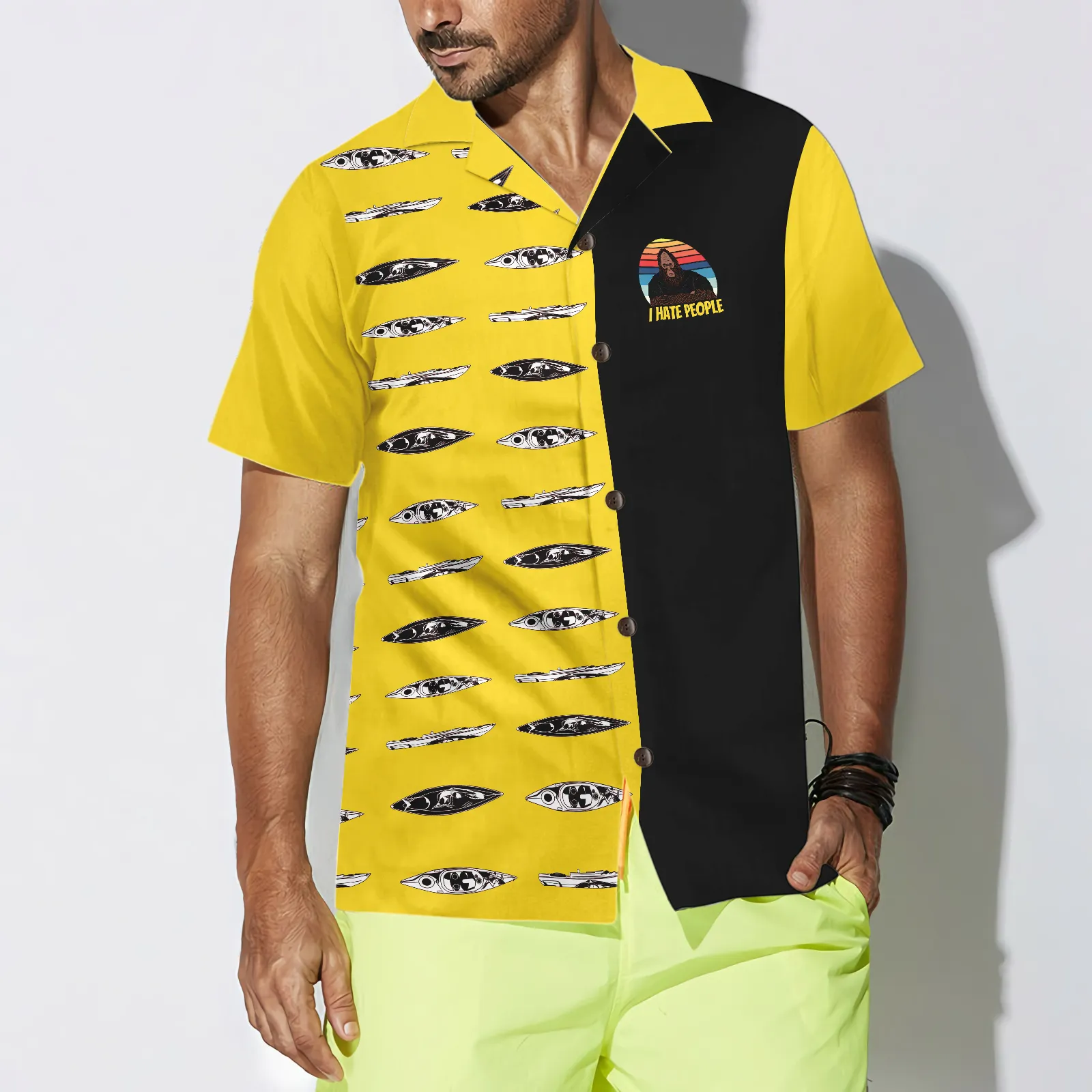 Bigfoot Darryl Love Kayak & Hate People Bigfoot Hawaiian Shirt, Dawn Palette Black And Yellow Kayaking Bigfoot Shirt For Men