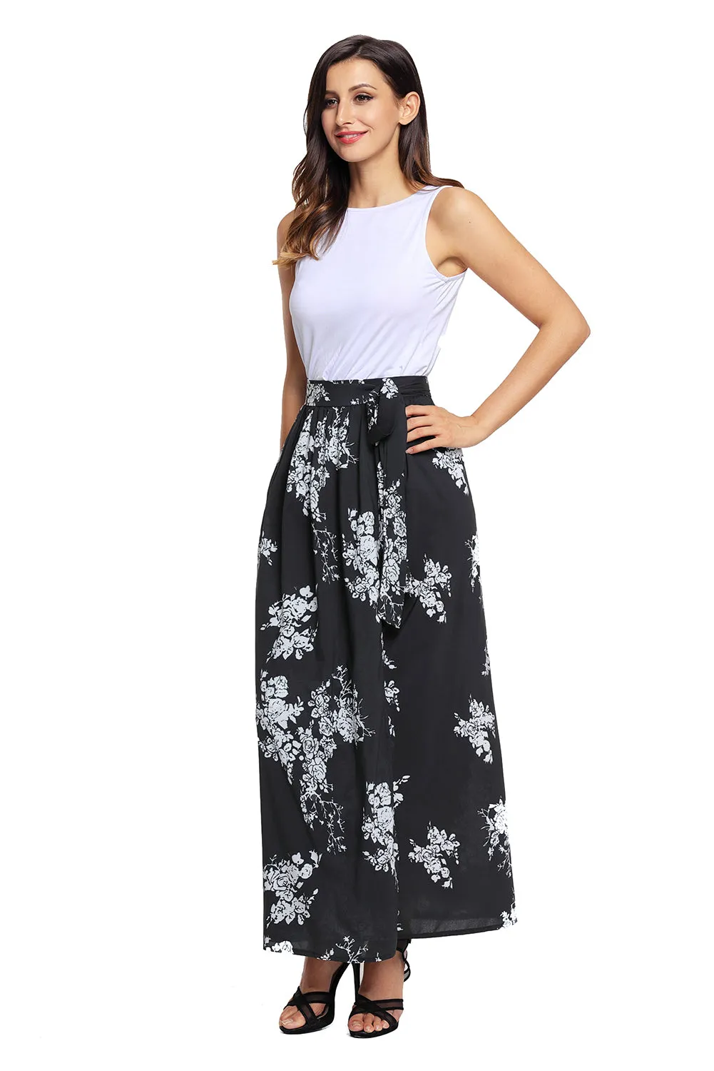 Black White Floral Maxi Skirt with Split