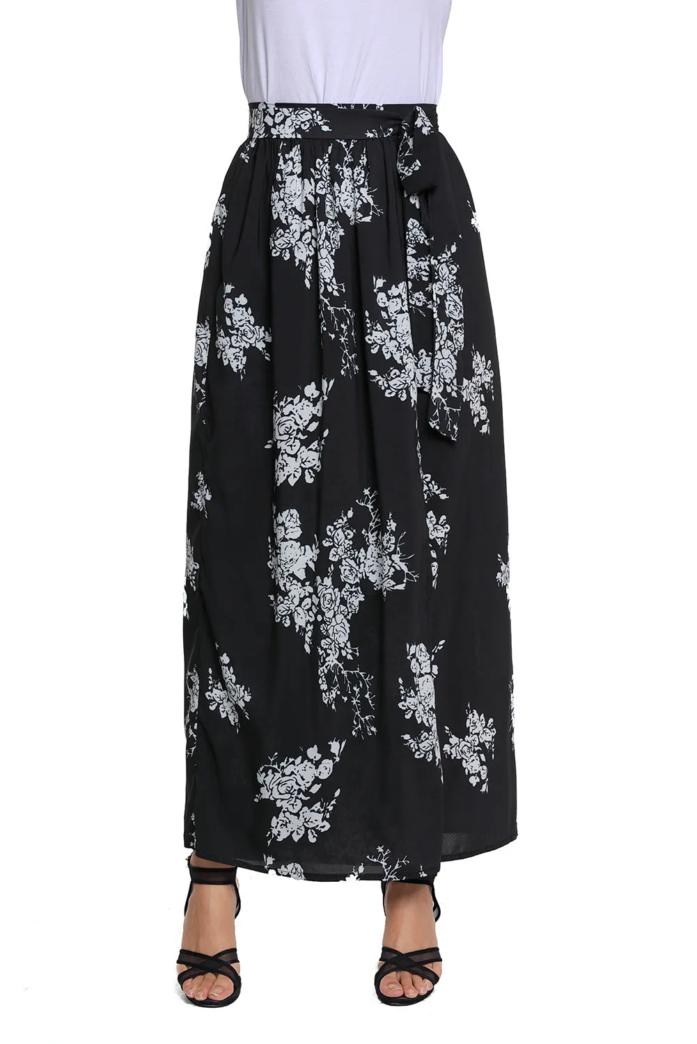 Black White Floral Maxi Skirt with Split