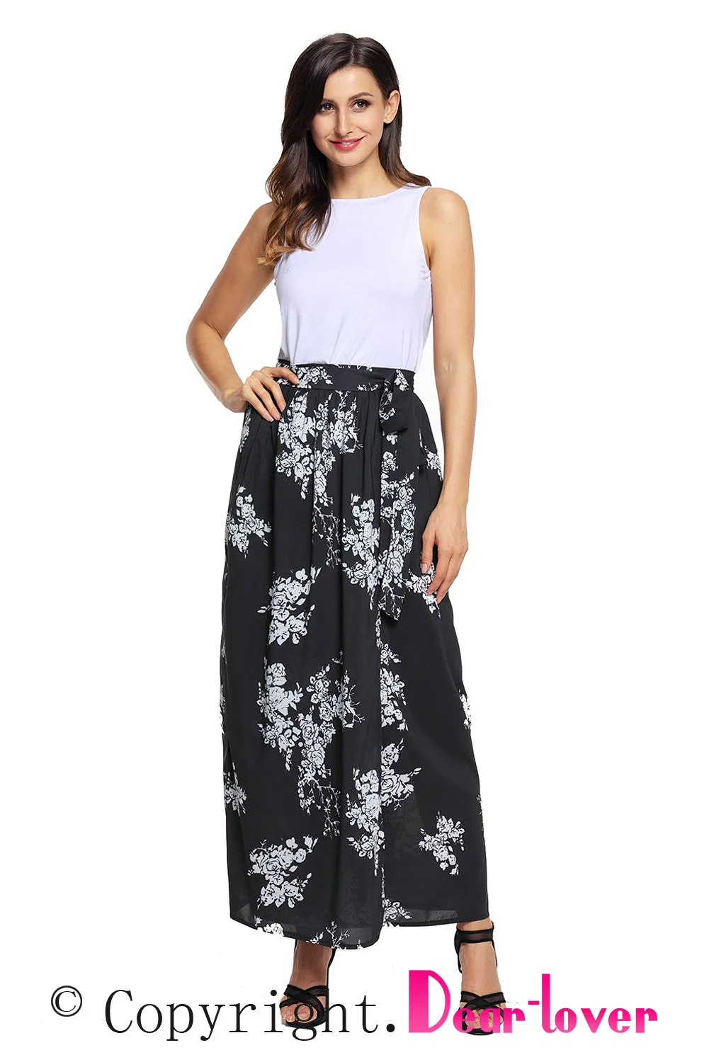 Black White Floral Maxi Skirt with Split