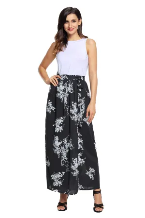 Black White Floral Maxi Skirt with Split