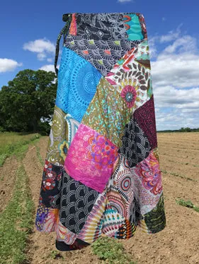 Boho Wrap Around Skirt – Handmade Cotton Patchwork Midi Skirt (MultiBlue)