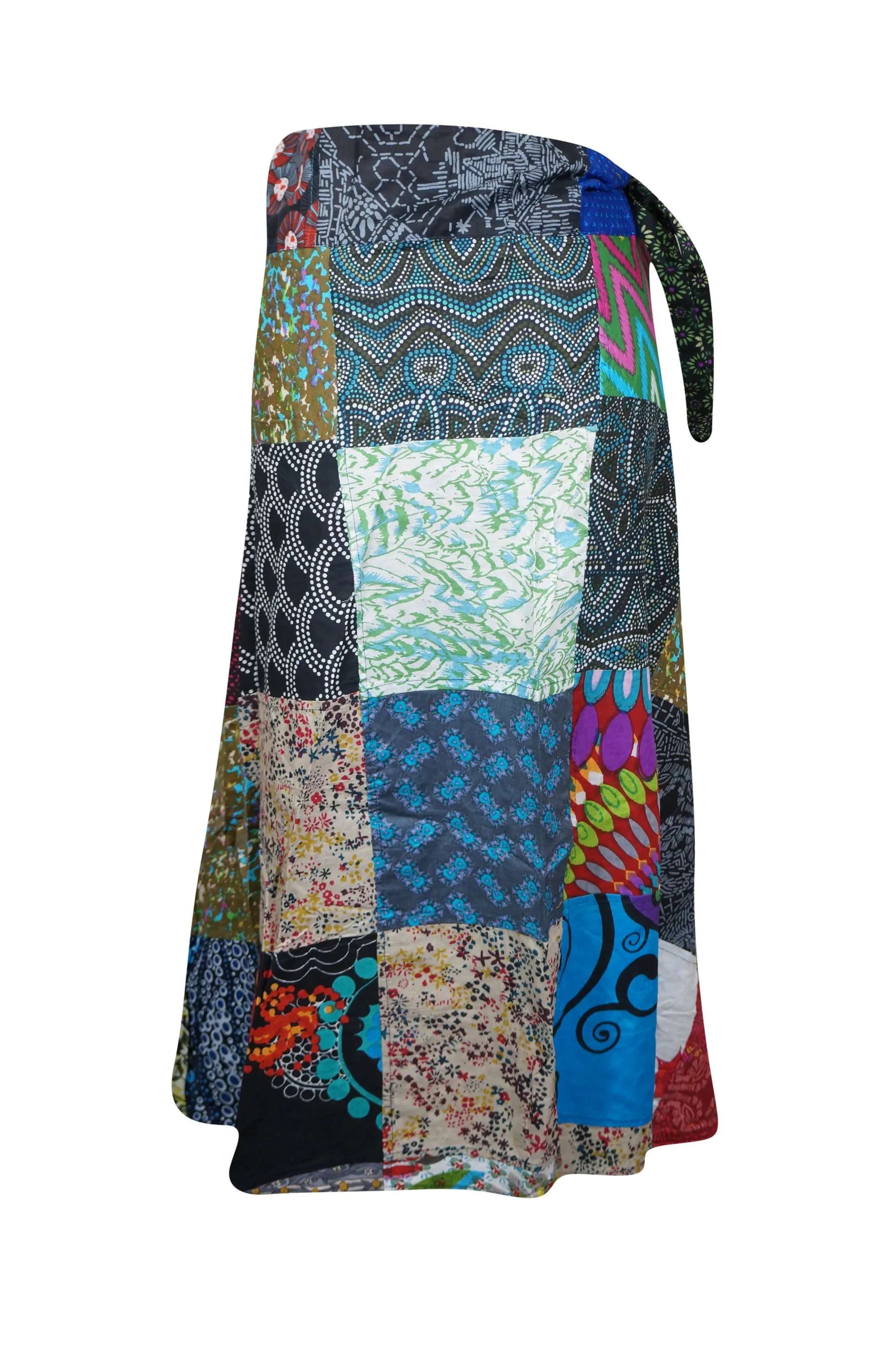 Boho Wrap Around Skirt – Handmade Cotton Patchwork Midi Skirt (MultiBlue)