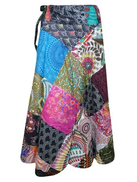 Boho Wrap Around Skirt – Handmade Cotton Patchwork Midi Skirt (MultiBlue)