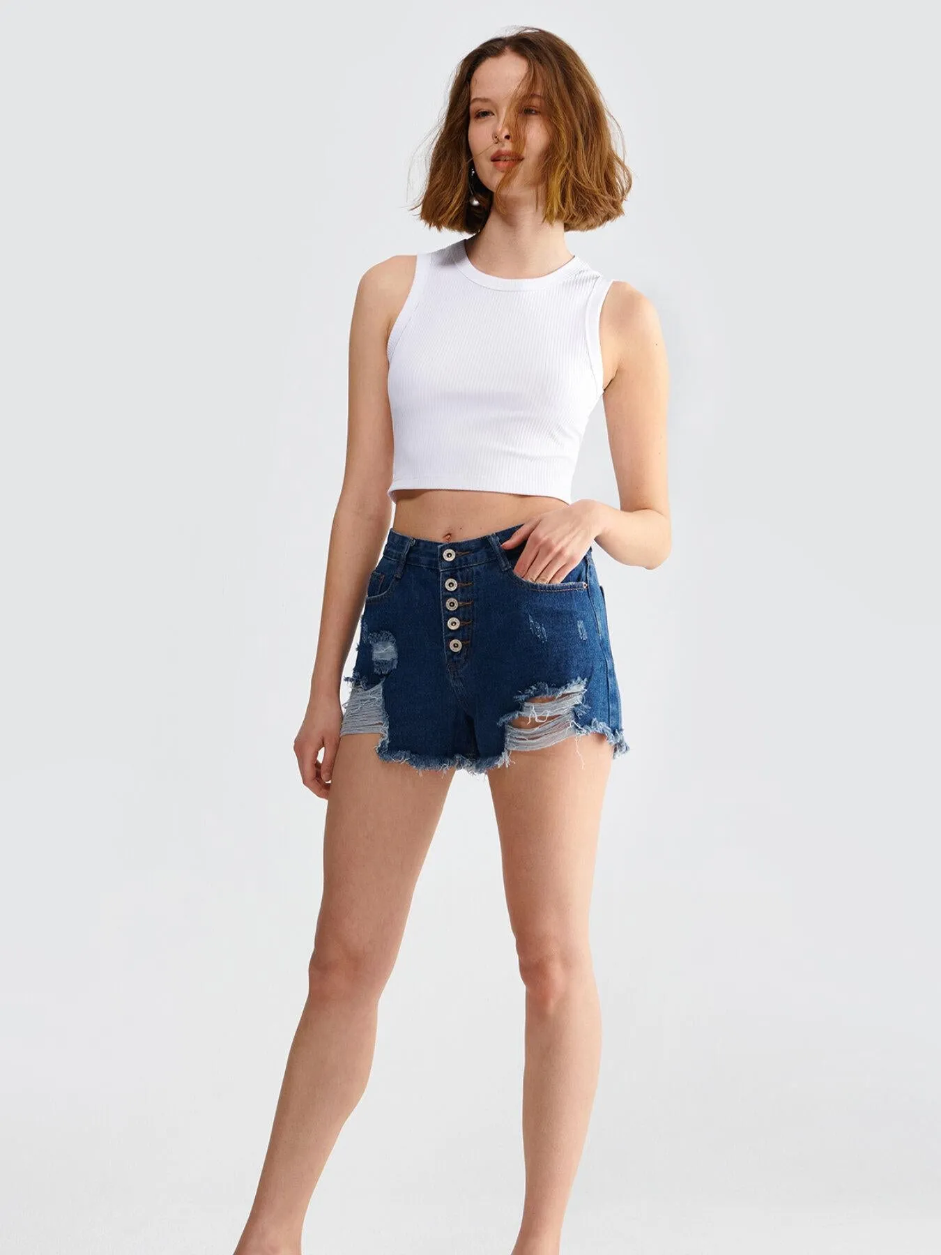 Button Pocket Ripped Denim Shorts