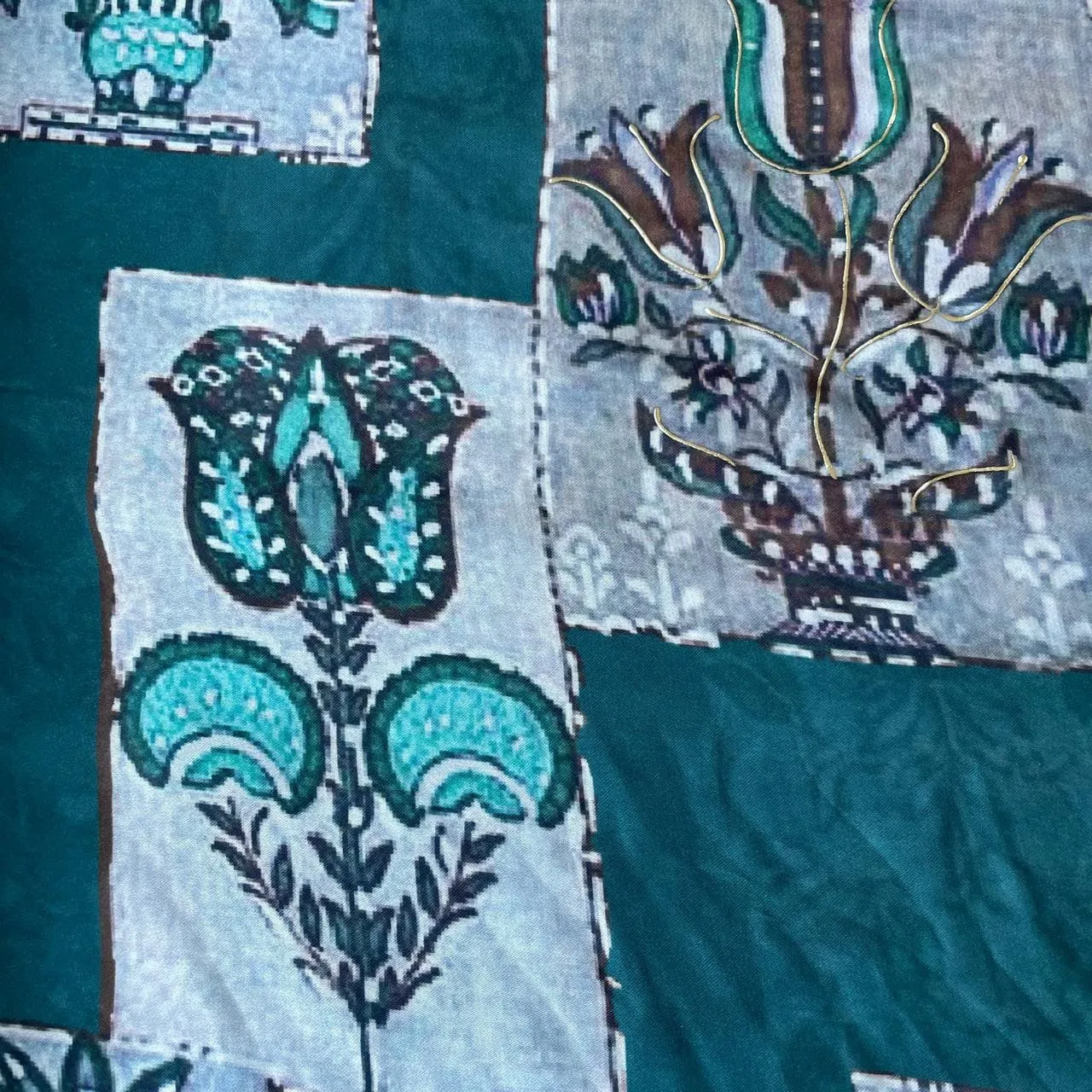 Dark Green Floral Foil Work Georgette Satin Fabric 18378