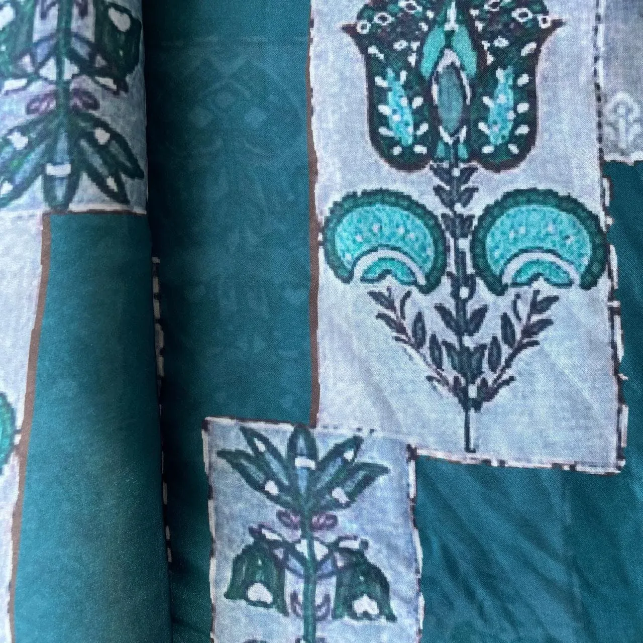 Dark Green Floral Foil Work Georgette Satin Fabric 18378