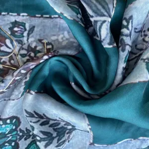 Dark Green Floral Foil Work Georgette Satin Fabric 18378