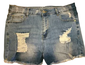 Distressed Mid Rise Frayed Hem Denim Shorts