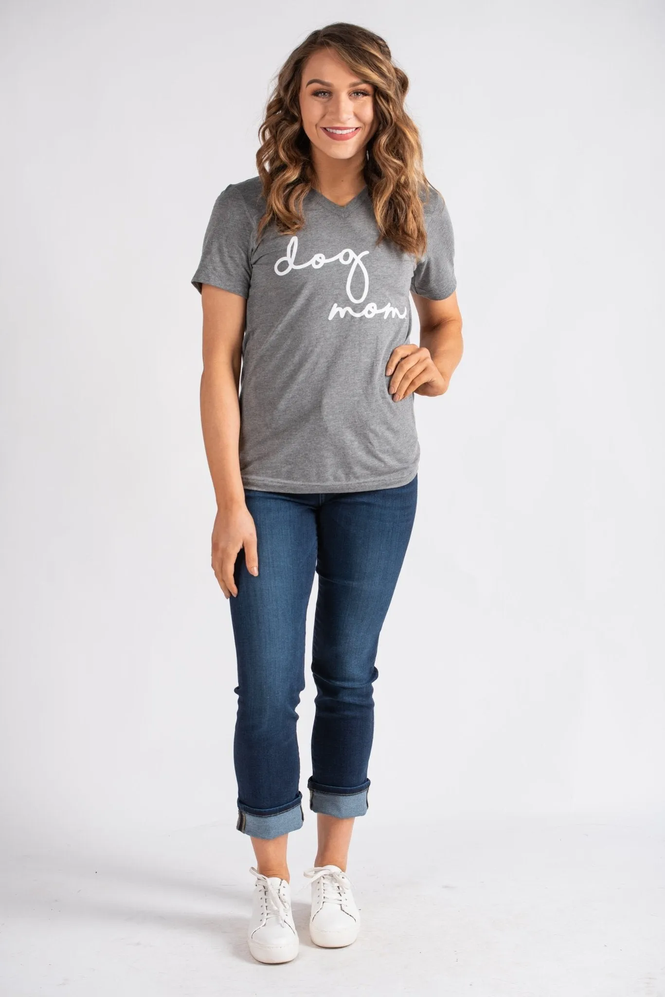Dog Mom script unisex short sleeve v-neck t-shirt grey