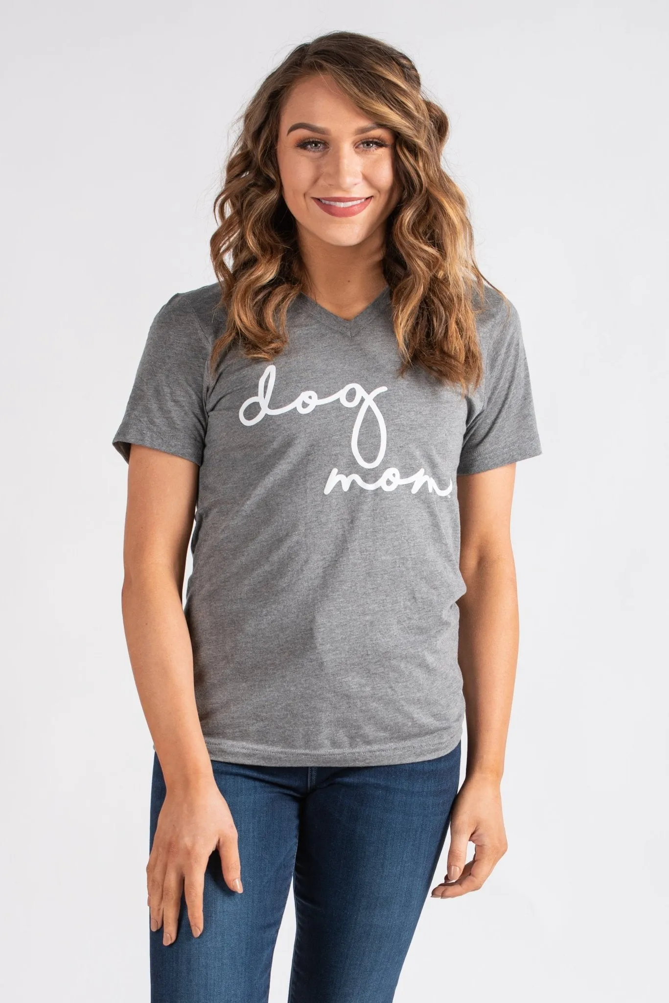 Dog Mom script unisex short sleeve v-neck t-shirt grey