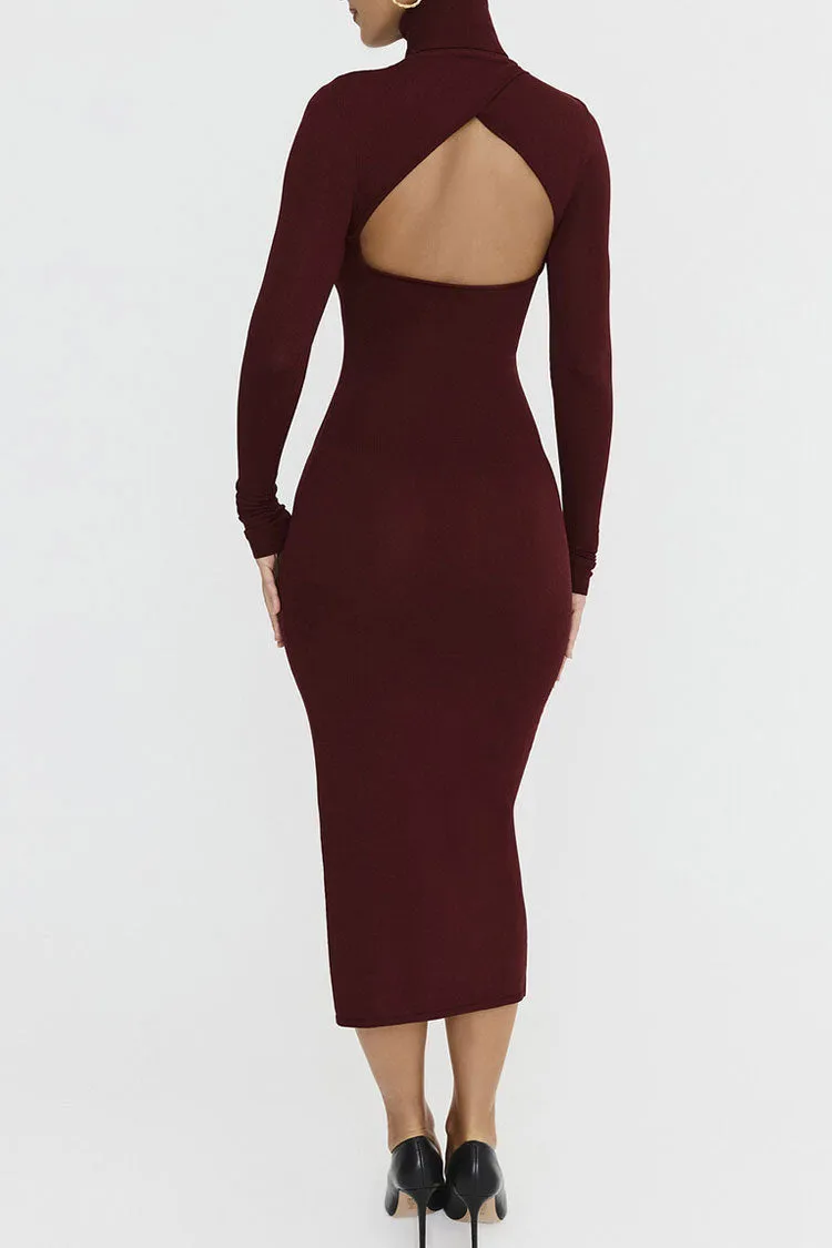 Feminine High Neck Long Sleeve Cutout Split Bodycon Cocktail Party Midi Dress
