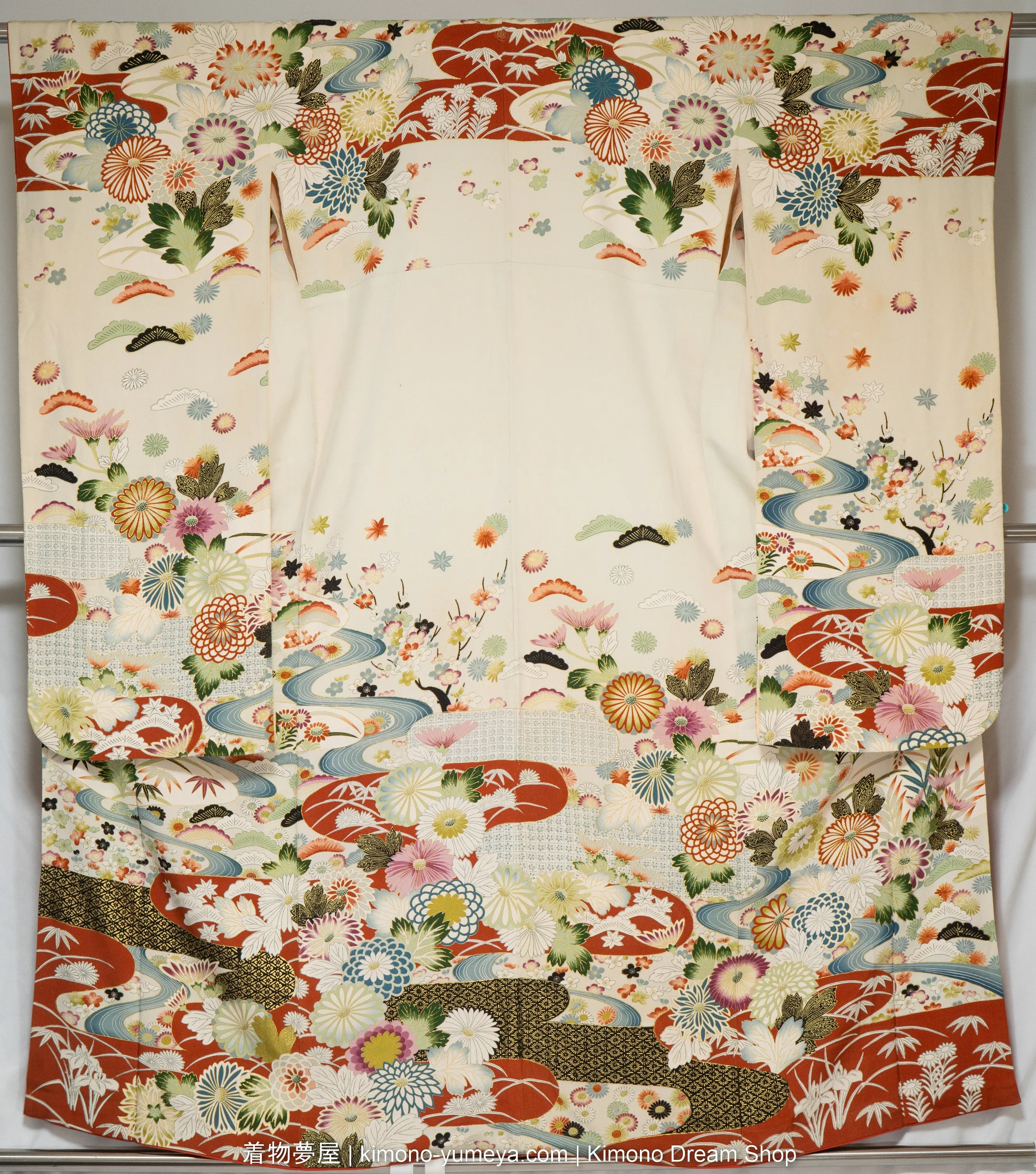 Furisode & Iromuji Bulk Box of Five Traditional Japanese Women's Kimonos - Quality C - 100% Silk, Butterflies, Chrysanthemums, Rivers, Trees, Hemp Leaves