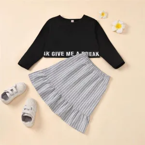 Girls Long-Sleeve Letter Printed T-shirts & Striped Ruffled Skirt Wholesale Little Girl Clothes