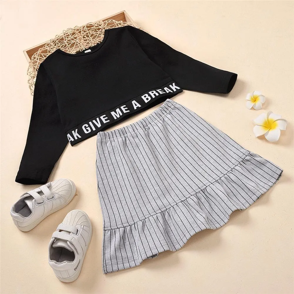 Girls Long-Sleeve Letter Printed T-shirts & Striped Ruffled Skirt Wholesale Little Girl Clothes