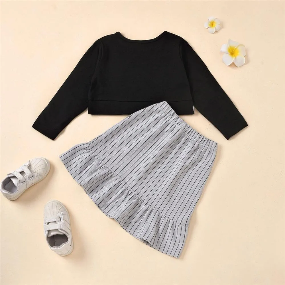 Girls Long-Sleeve Letter Printed T-shirts & Striped Ruffled Skirt Wholesale Little Girl Clothes