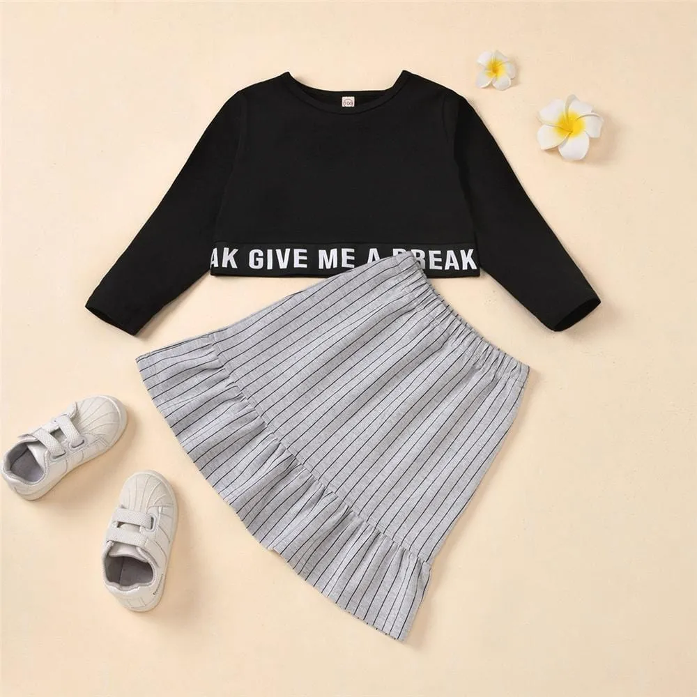 Girls Long-Sleeve Letter Printed T-shirts & Striped Ruffled Skirt Wholesale Little Girl Clothes