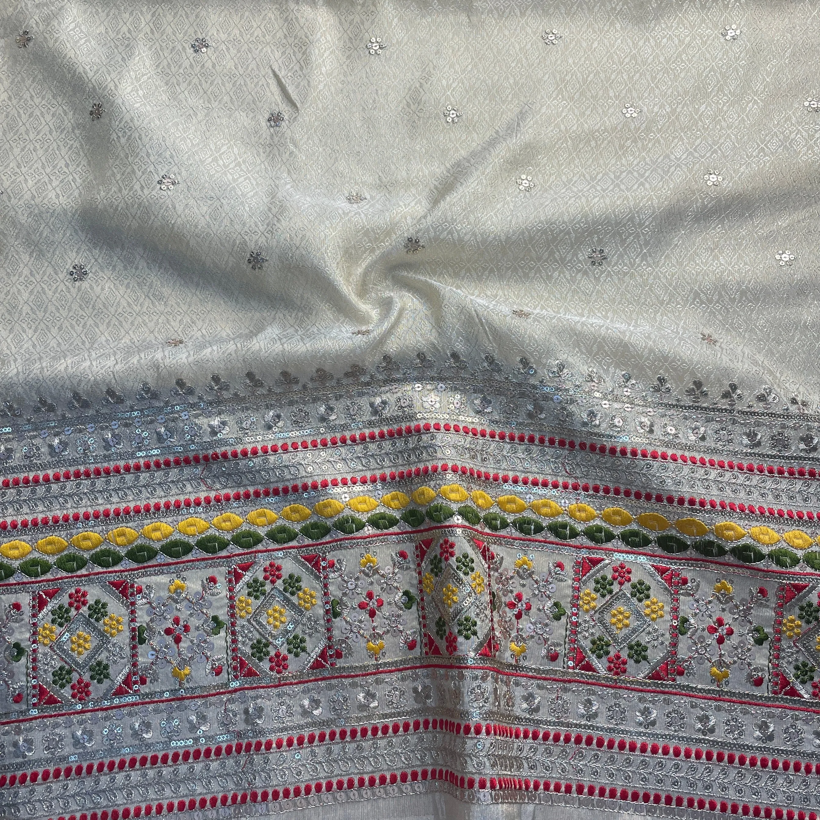 Gold Multicolor Thread Sequins Border Embroidery Viscose Tissue Fabric 15893