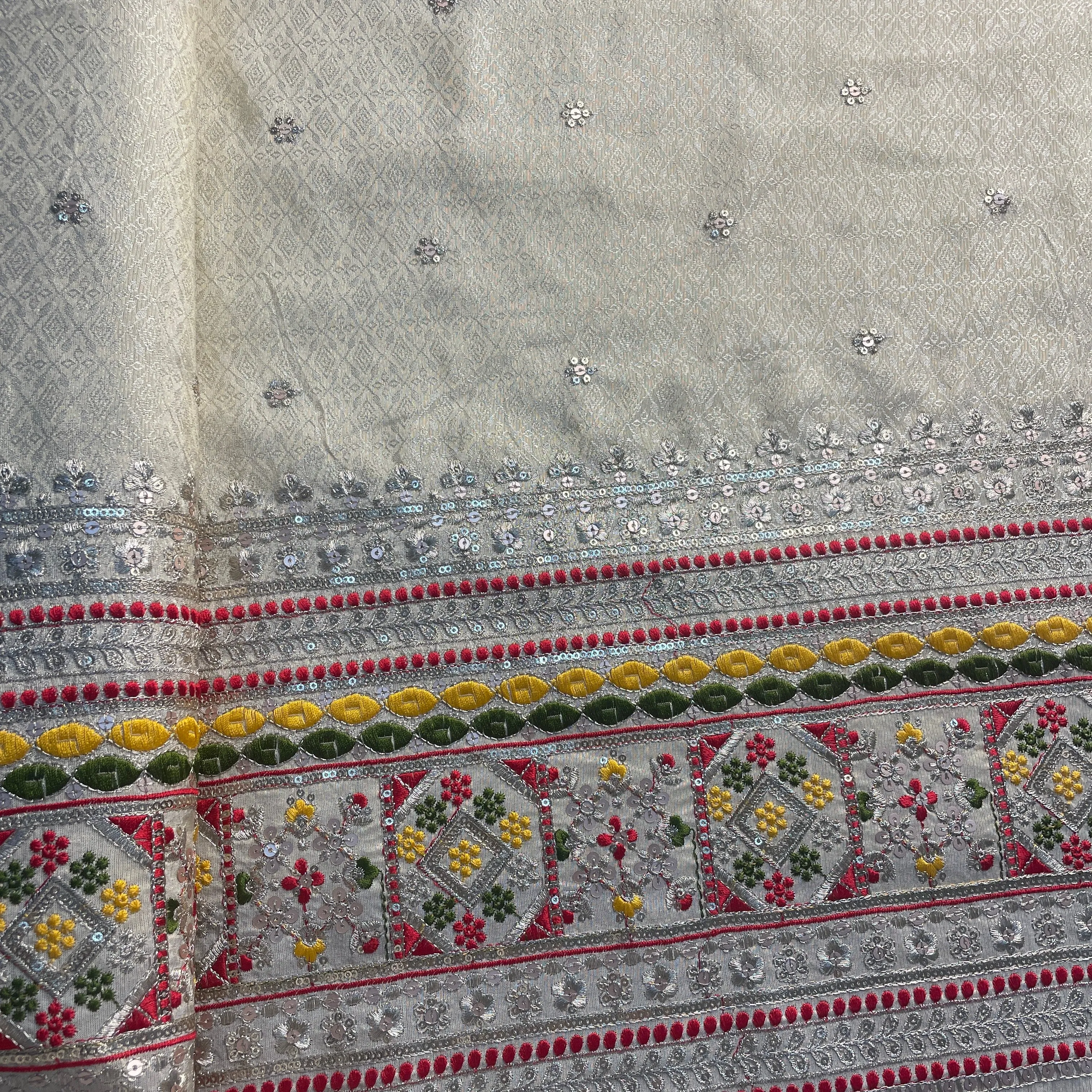 Gold Multicolor Thread Sequins Border Embroidery Viscose Tissue Fabric 15893