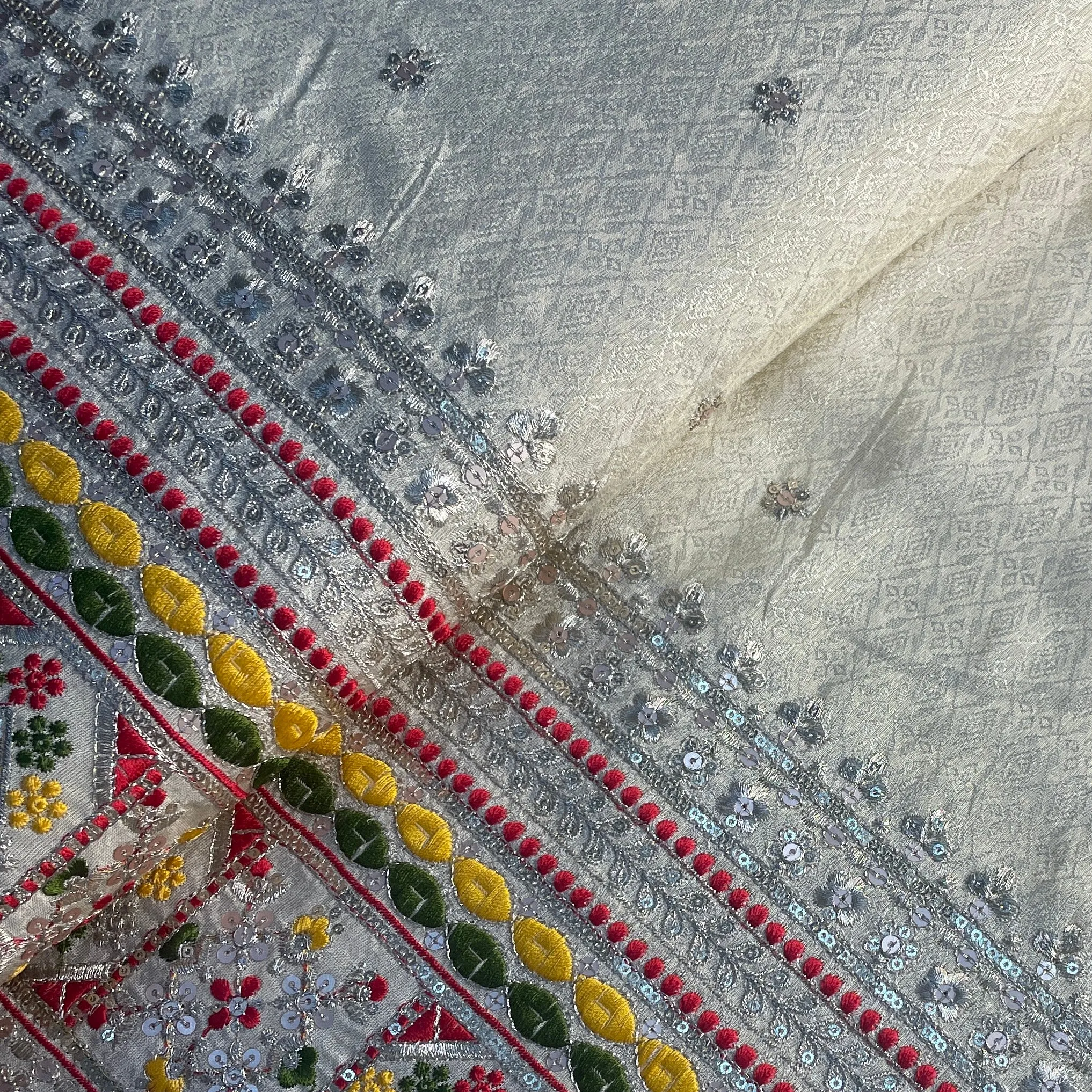 Gold Multicolor Thread Sequins Border Embroidery Viscose Tissue Fabric 15893