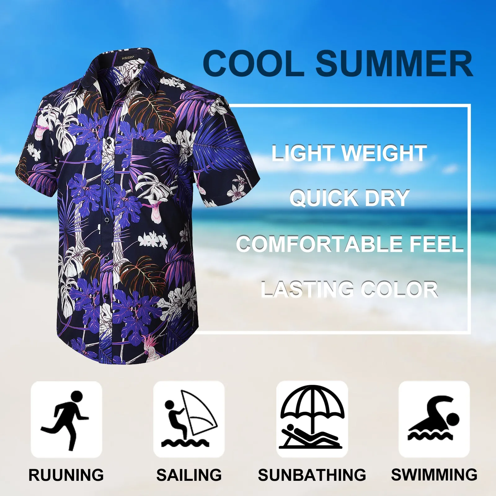 Hawaiian Tropical Shirts with Pocket - Z01- PURPLE/WHITE