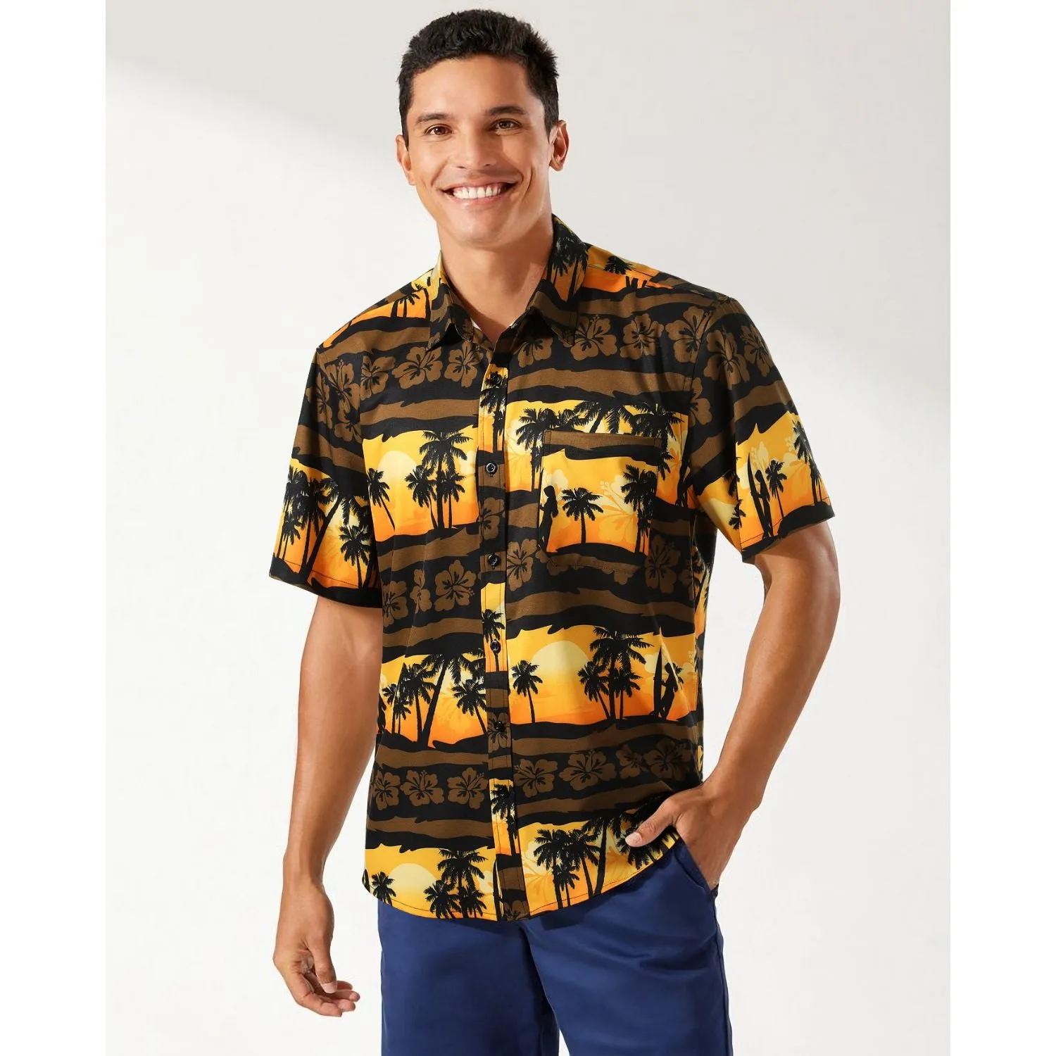 Hawaiian Tropical Shirts with Pocket - Z01- YELLOW/BROWN