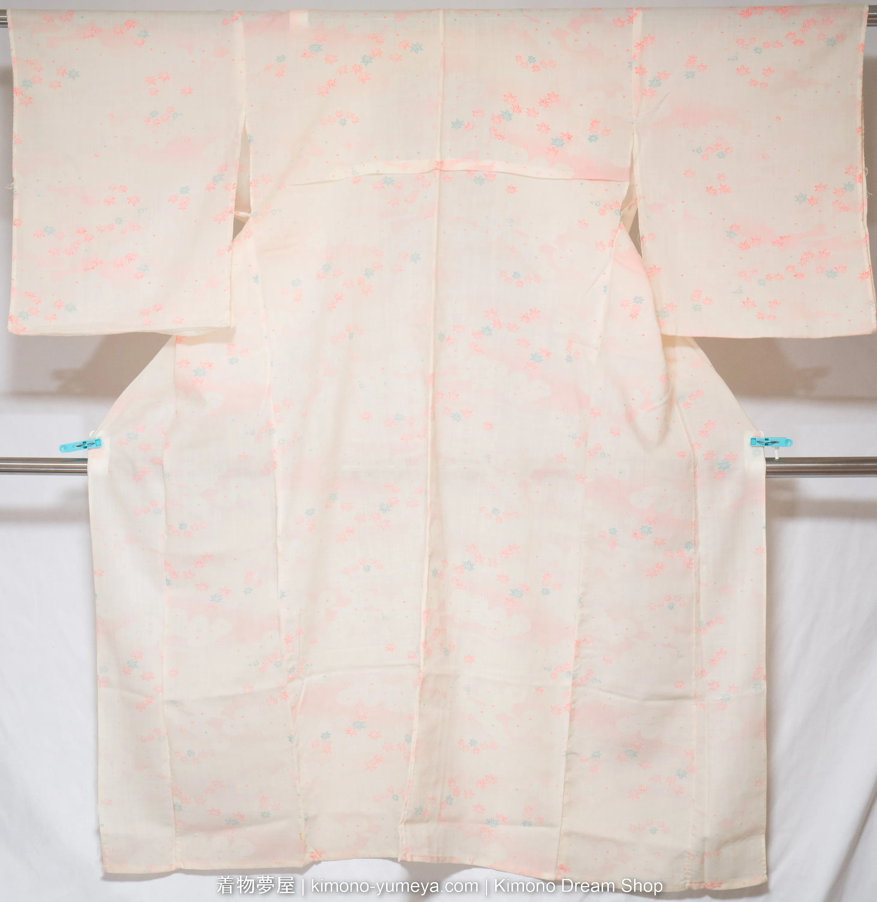 Maple Leaves Women's Nagajuban 123cm Wide 127cm Long - Traditional Japanese Juban Undergarment - Off White with Light Pink & Baby Blue - Wool