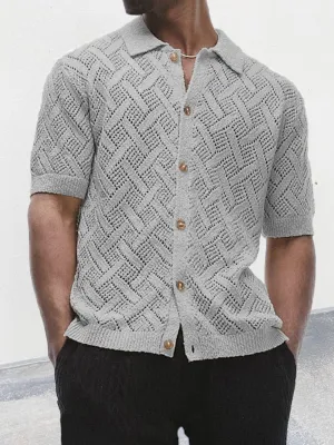 Men's Button Down Collared Neck Eyelet Knit Shirt