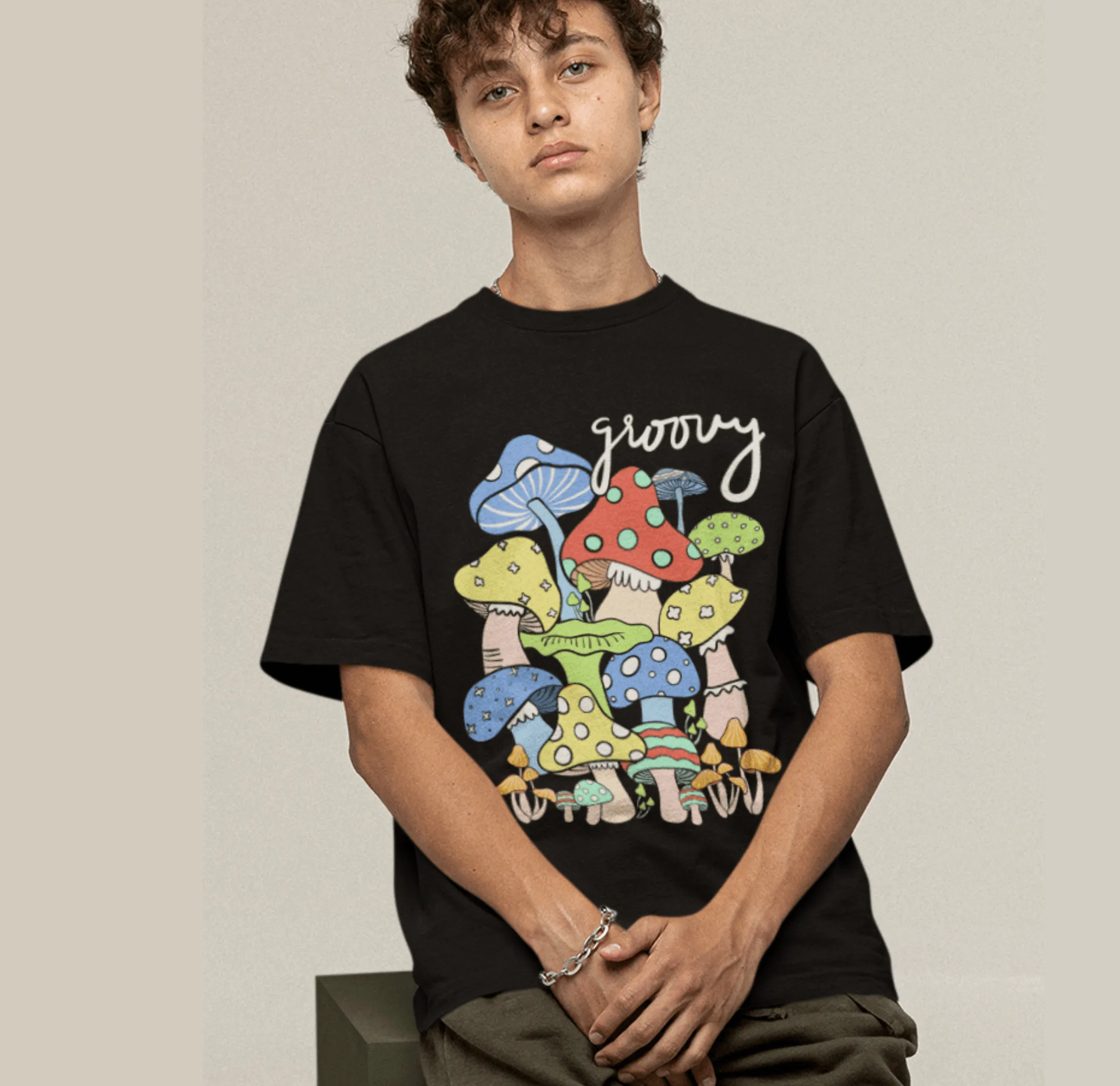 Midnight Groove Mushroom Printed Oversize T-shirts- Unisex