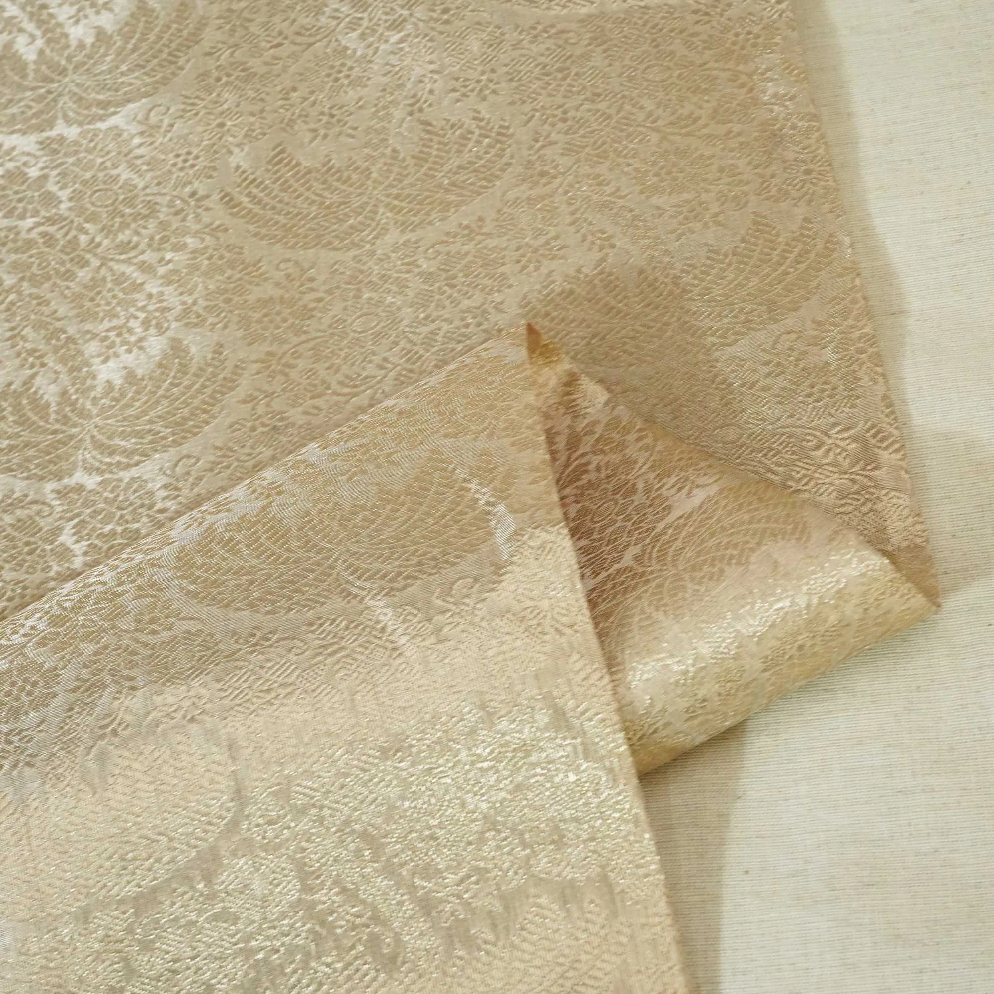 Off White & Golden Floral Print Tissue Silk Fabric MS-24600