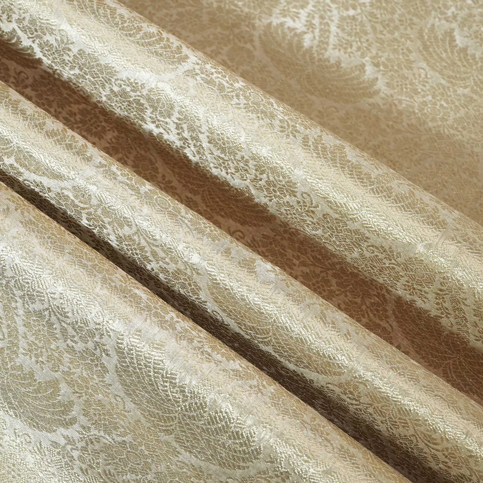 Off White & Golden Floral Print Tissue Silk Fabric MS-24600