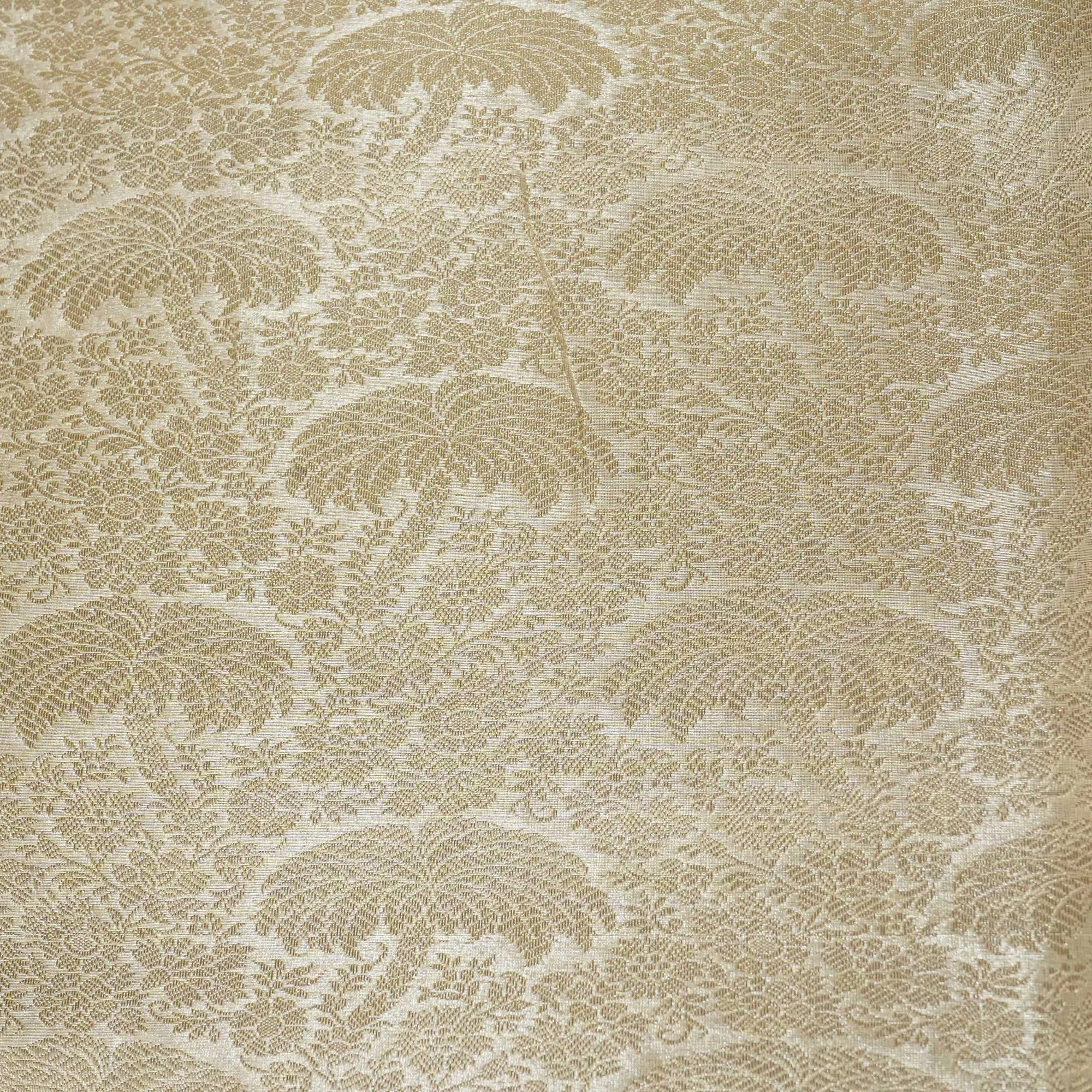 Off White & Golden Floral Print Tissue Silk Fabric MS-24600