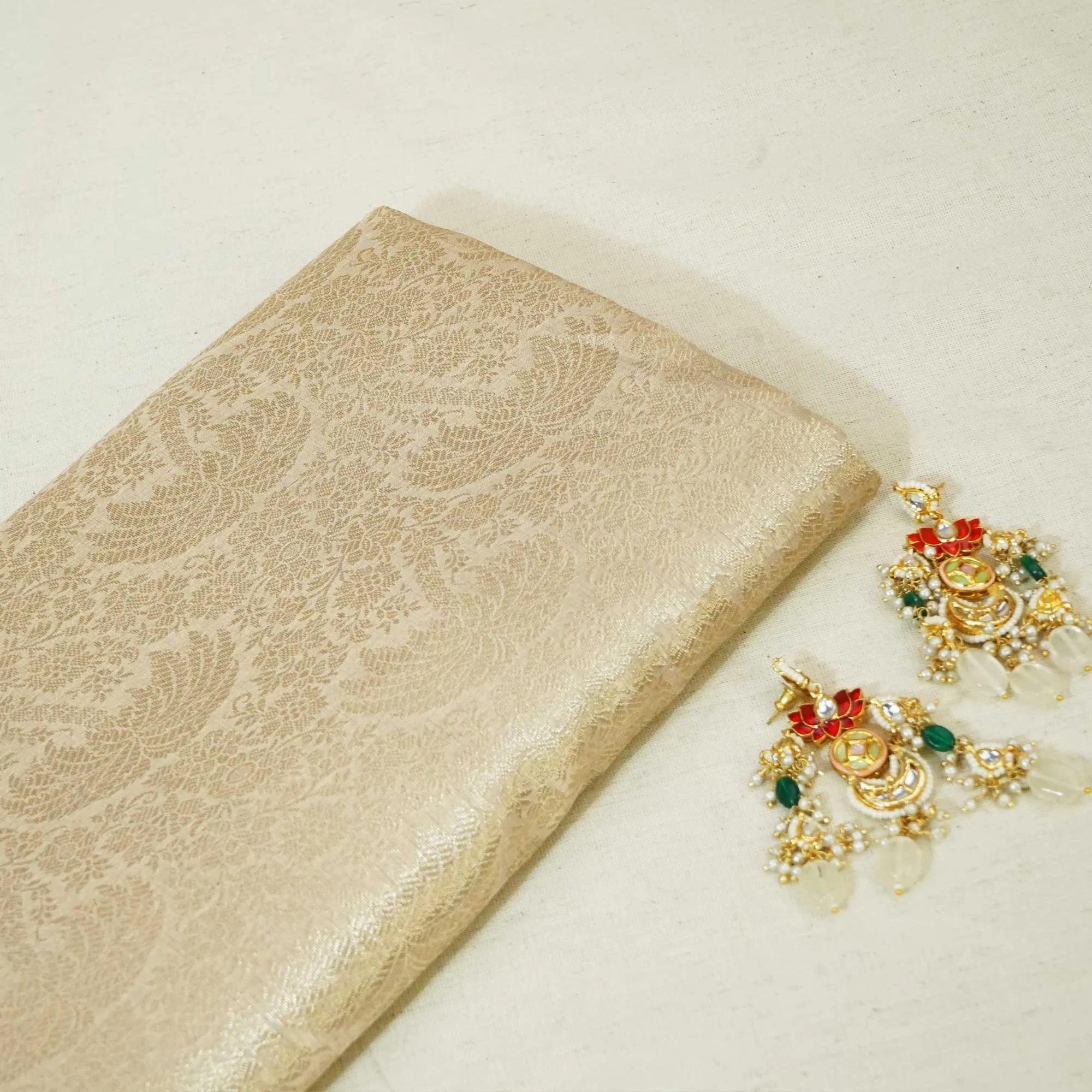 Off White & Golden Floral Print Tissue Silk Fabric MS-24600