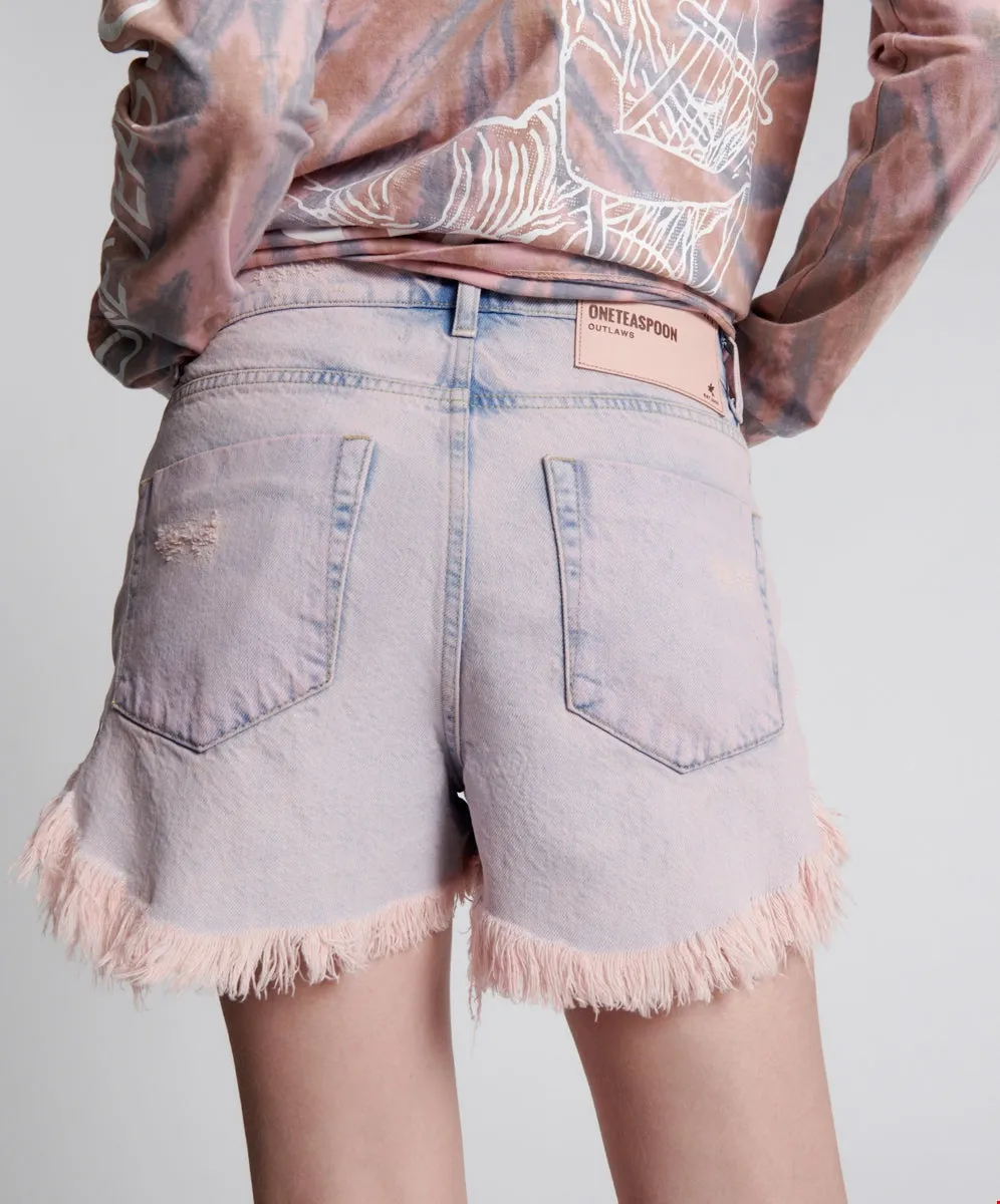 Pink Haze Outlaws Mid Length Denim Short - ONE TEASPOON