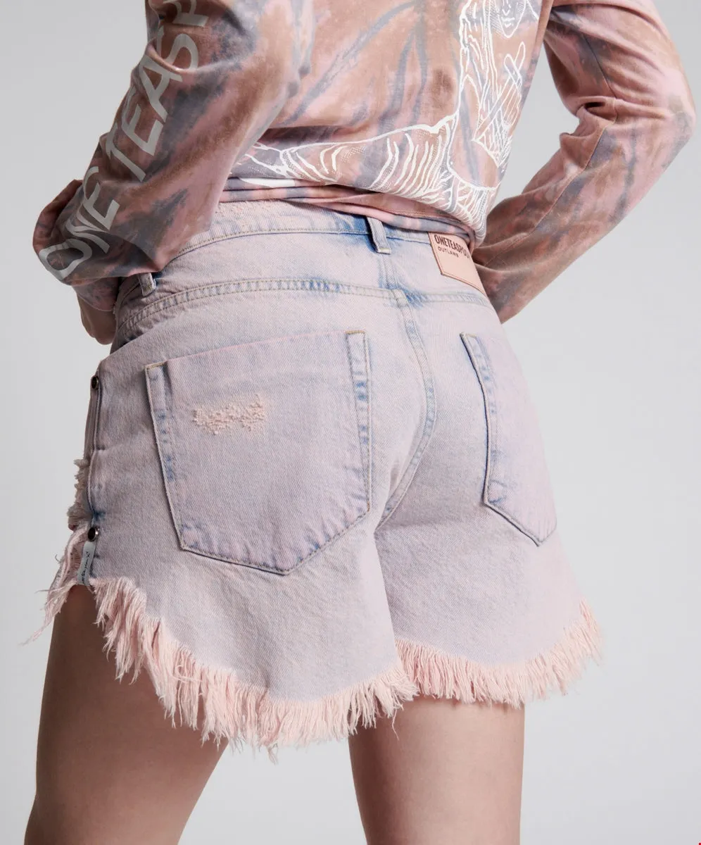 Pink Haze Outlaws Mid Length Denim Short - ONE TEASPOON