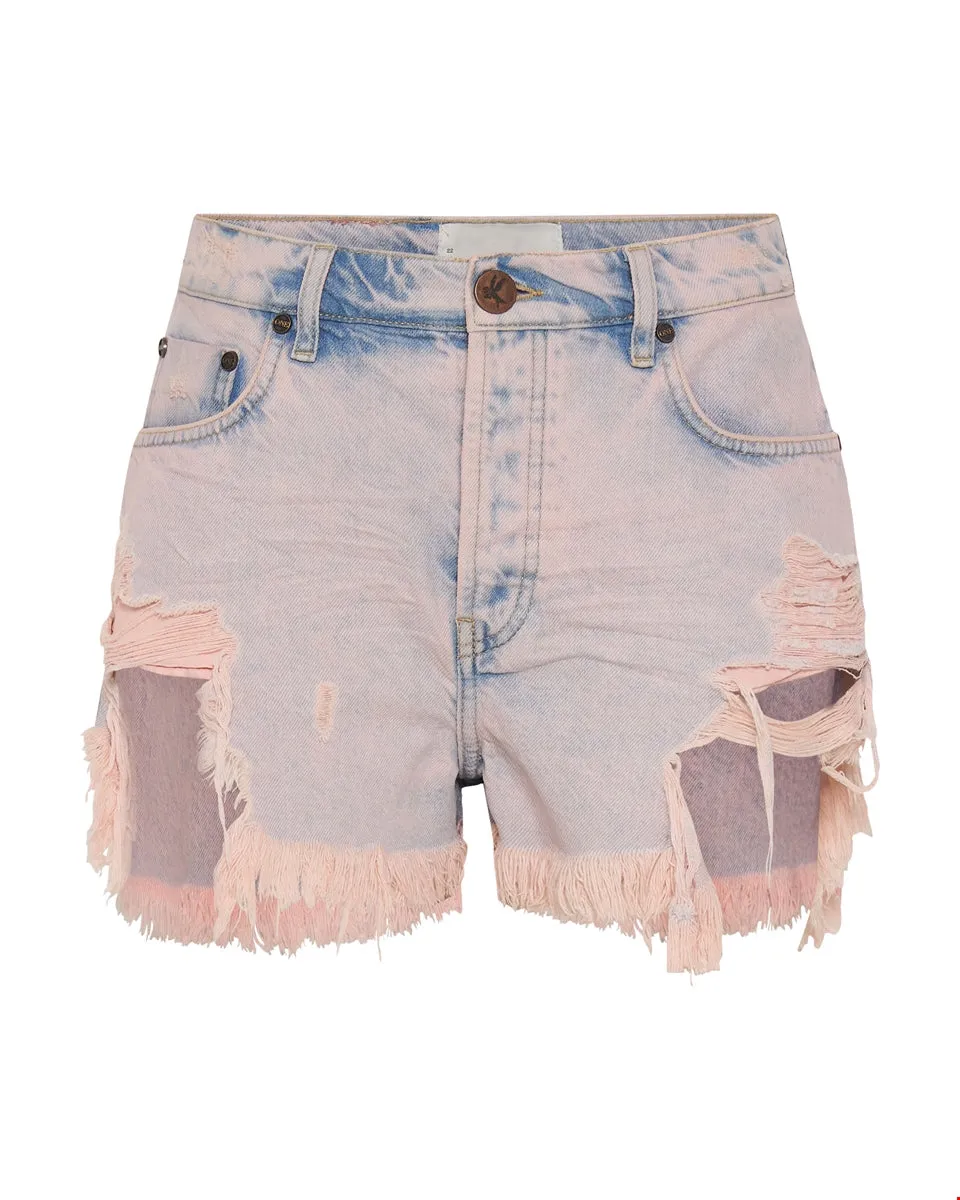 Pink Haze Outlaws Mid Length Denim Short - ONE TEASPOON