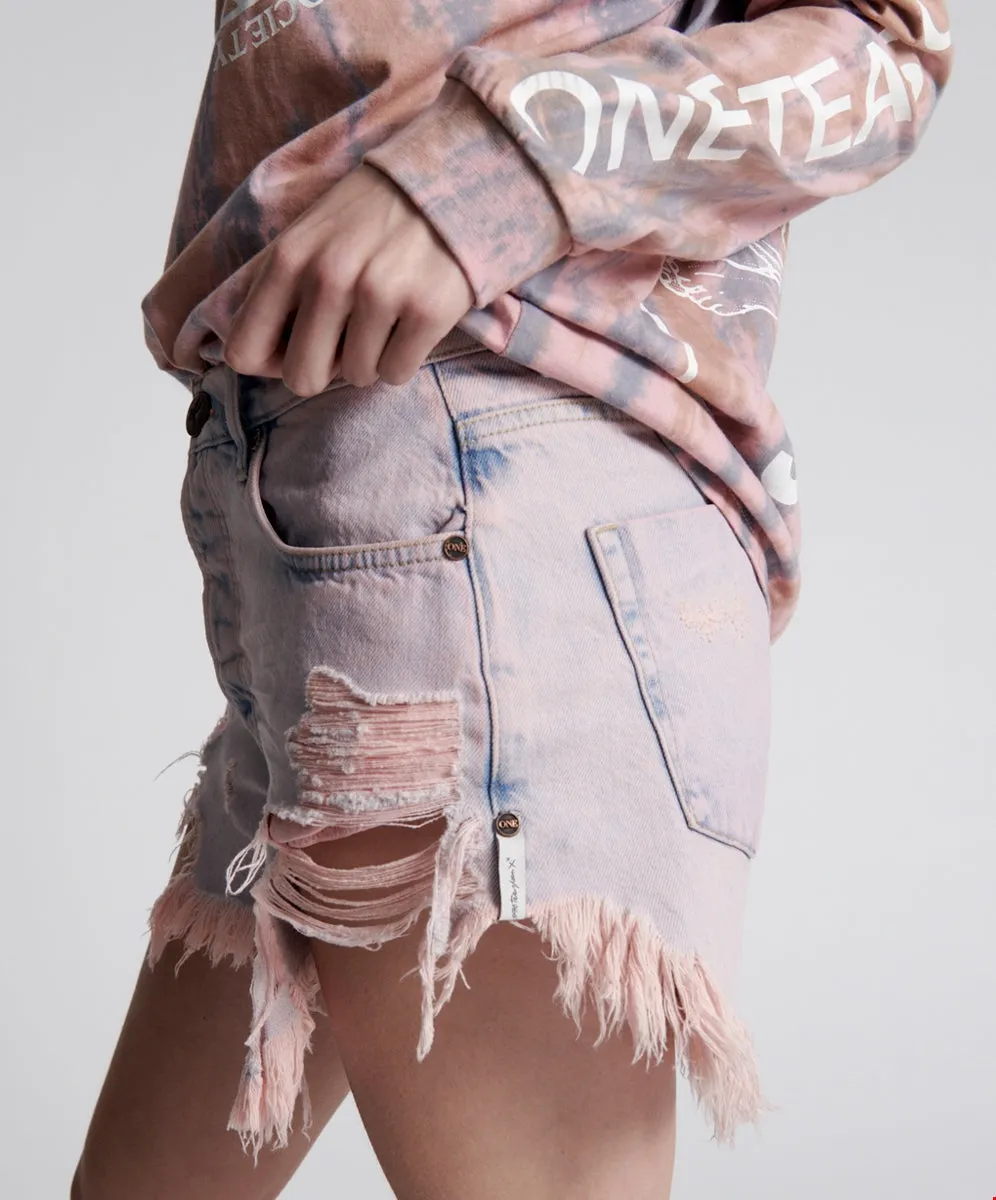 Pink Haze Outlaws Mid Length Denim Short - ONE TEASPOON