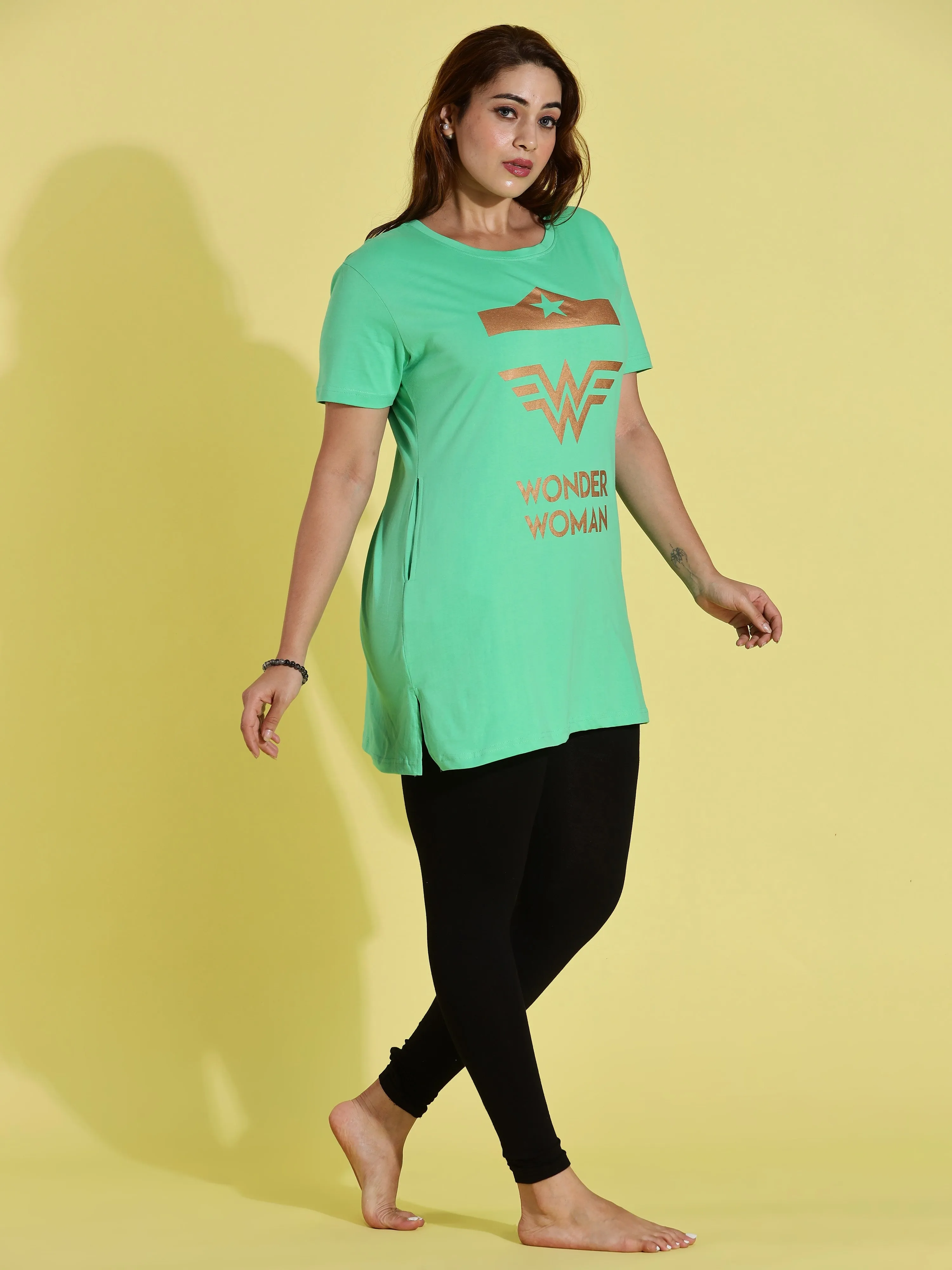 Pista Green Long T-Shirt for Women with Comfortable Fit Design